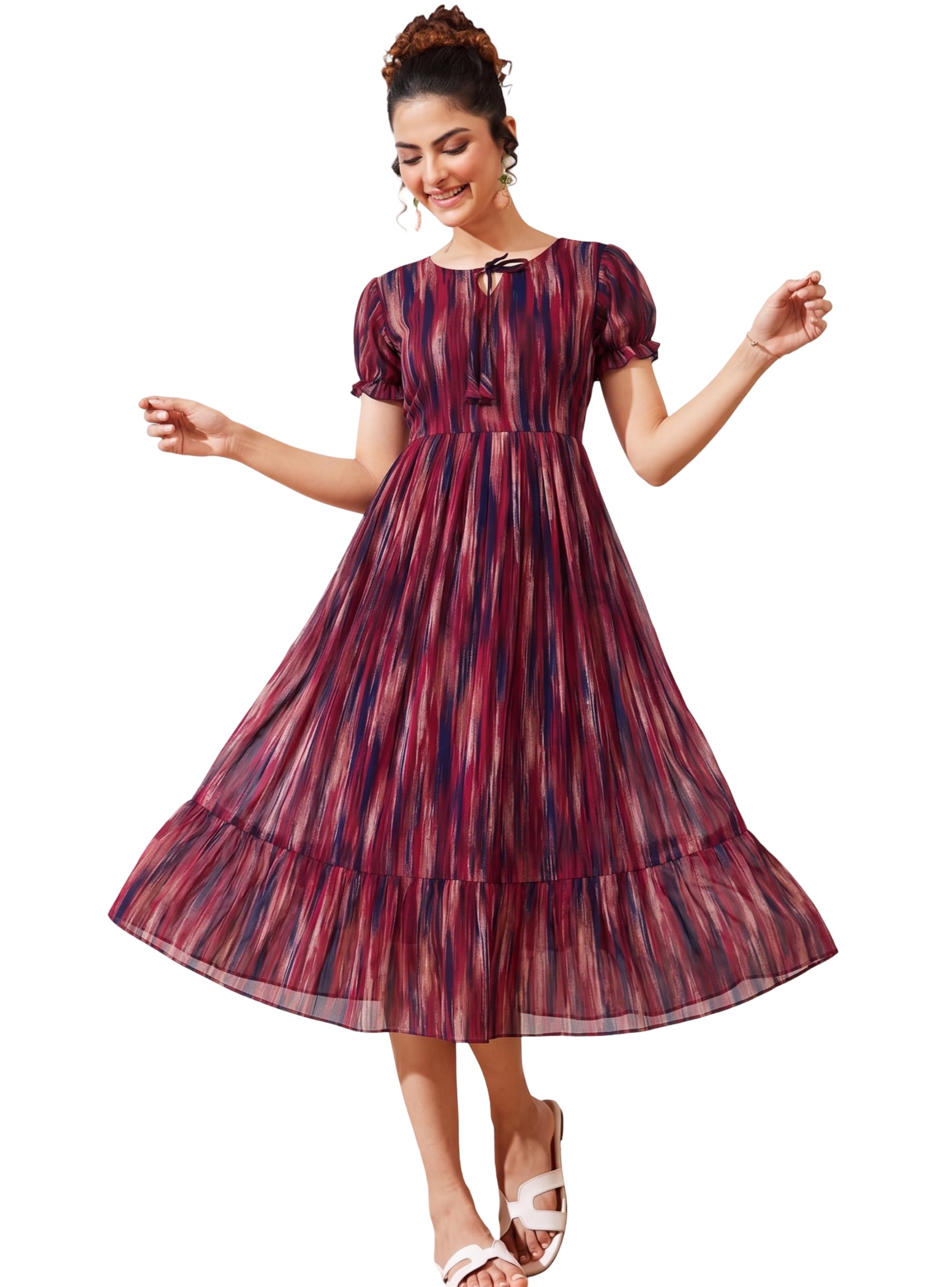 qena Elegant Georgette Printed Maxi Dress for Women | Puff Sleeve Fit and Flare Dress | Round Neck Tie-Up Party Dress-picture-17