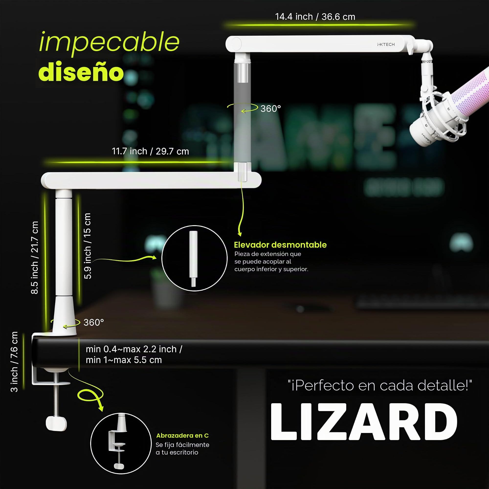 IXTECH Soporte de brazo para micrófono ajustable con rotación de 360°, soporte de micrófono de perfil bajo con brazo de boom para micrófono completamente ajustable y soporte universal para