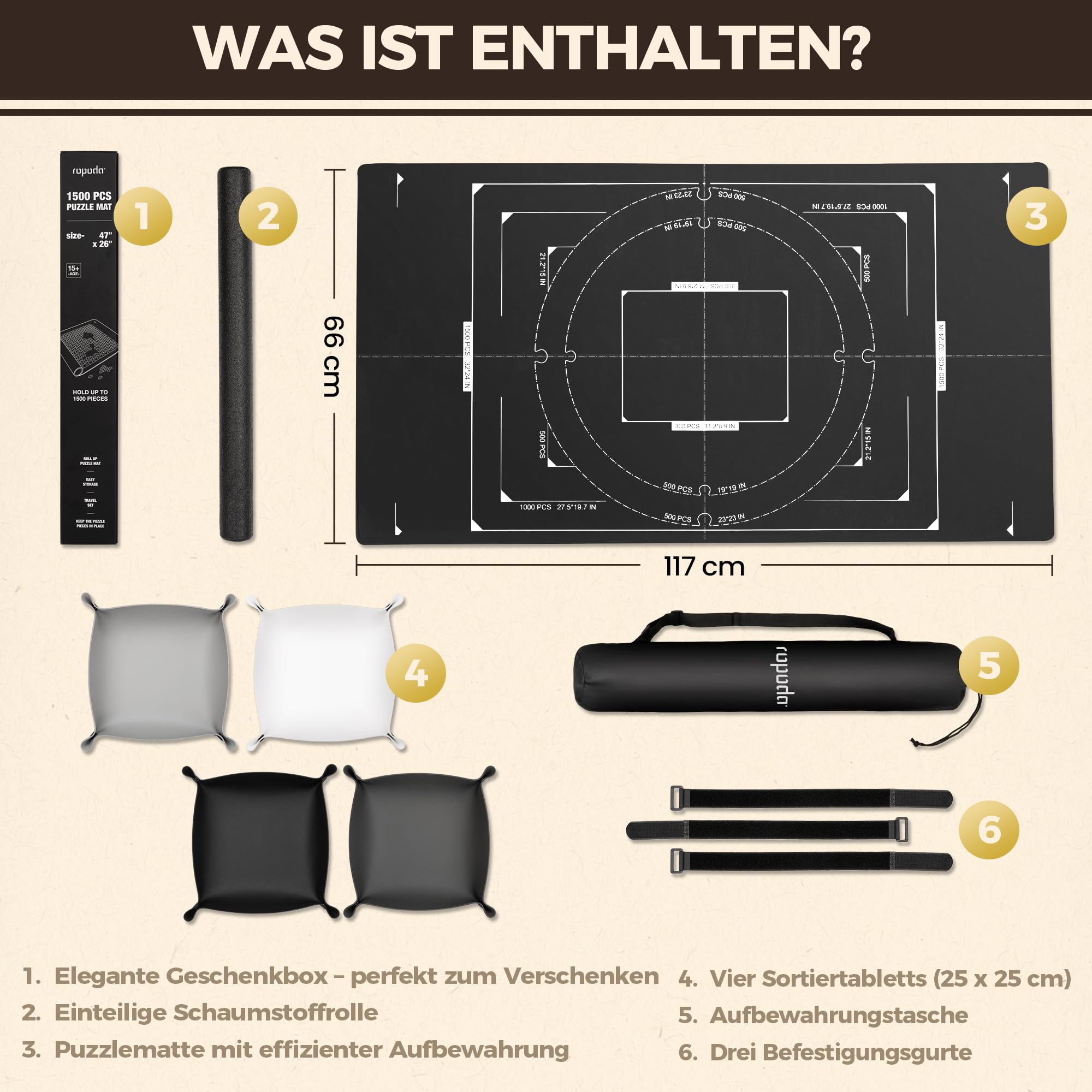 ROPODA Puzzlematte, rutschfeste Puzzle Matte mit Sortierfächern, Puzzelmatten für Puzzle bis 1500, Tragbare Puzzle Matte Roll mit Aufbewahrungstasche, Puzzle-Sparer für Erwachsene und Kinder, Schwarz