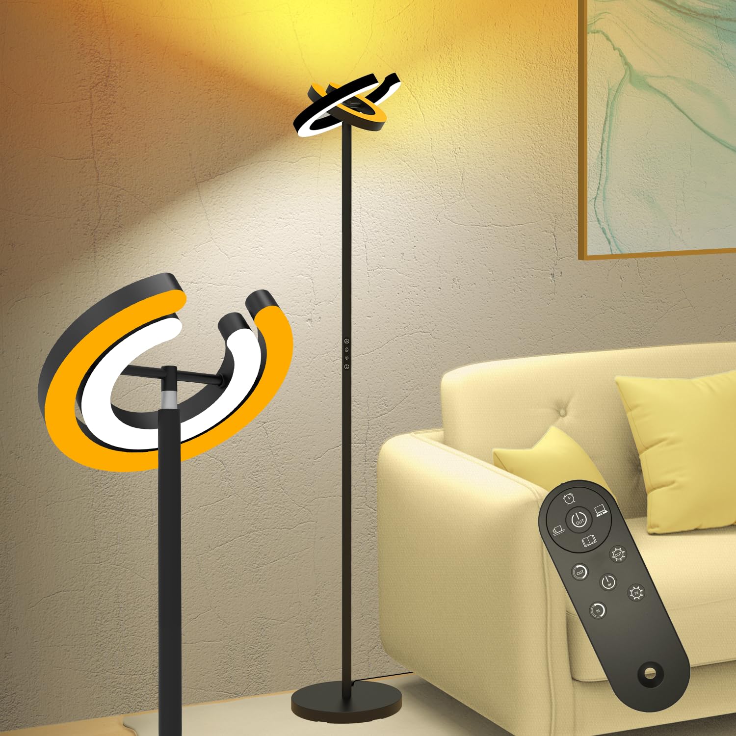 Floor Lamp for Living Room, 75.5 Inch Tall Standing Lamp for Bedroom with 2 312° Rotatable Ring Lights, 36W Bright Stepless Dimmable LED Floor Light with Remote Control for Office Dining Room