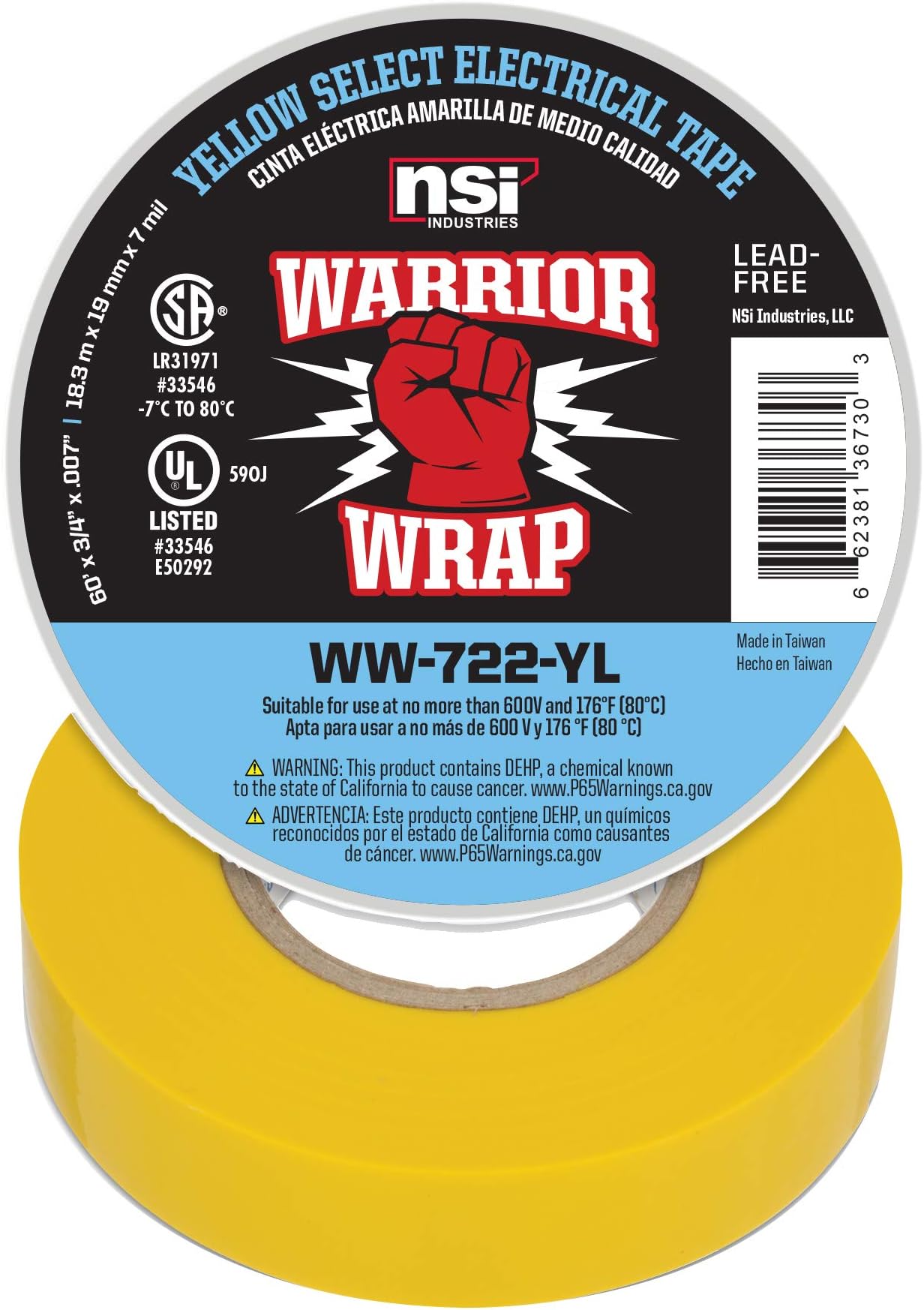 WarriorWrap Select 3/4 in. x 60 ft. 7 mil Vinyl Electrical Tape, Yellow
