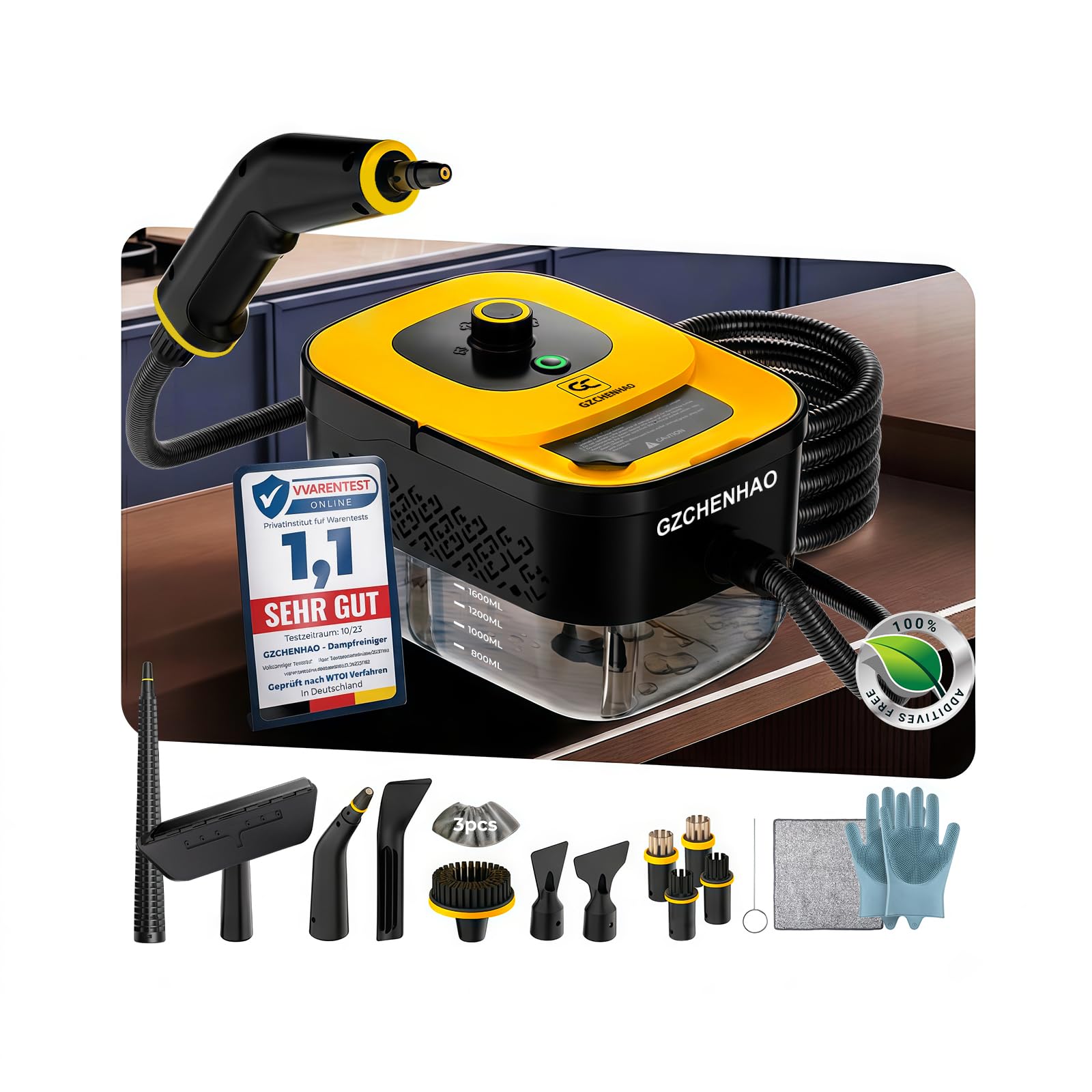 Dampfreiniger Handgerät mit 18-Teiligem Zubehör, 9s Turbo-Dampf mit 5 BAR Druck – 99,99% Reinigung & 100% Natürlich,Steam Cleaner für Boden, Küche, Bad, Fenster, Polster(Upgrade-Yellow)