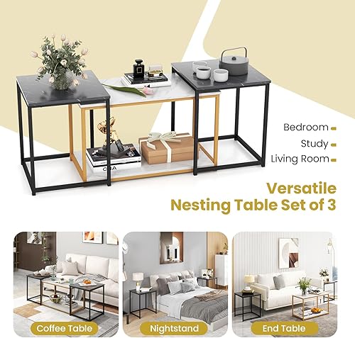 Miniatura 8 de KOTEK Juego de 3 mesas auxiliares anidables de mármol sintético con marco de metal resistente, mesa central cuadrada con almacenamiento, mesas