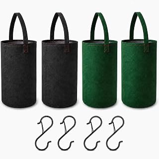 Four upside down fabric tomato planters with hooks