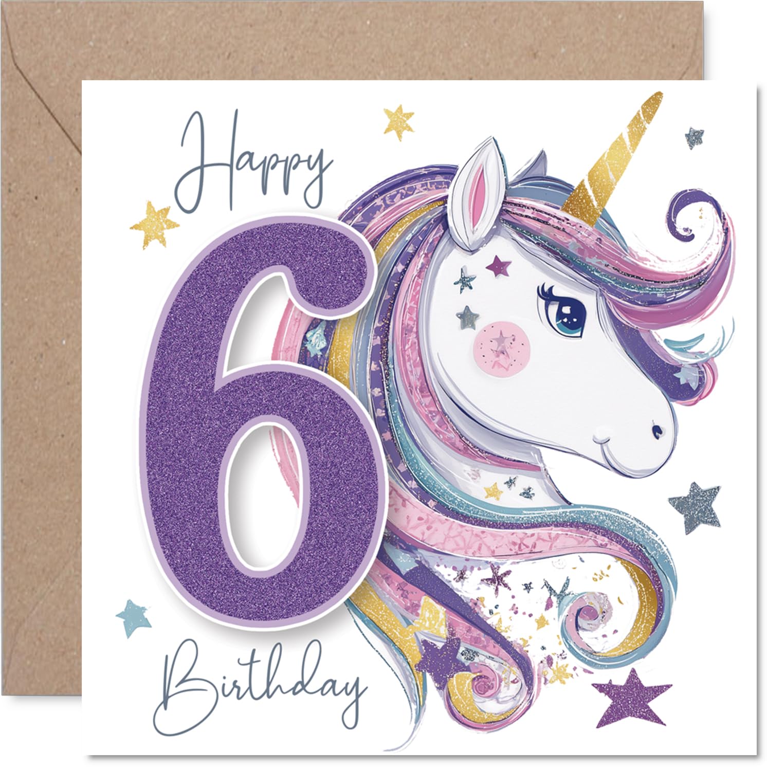 Cute 6th Birthday Card - Sparkly Unicorn Magic - Glittery Number 6 with Rainbow Stars - Bursting with Joyful Birthday Cheer - 145mm Square, Envelope Included