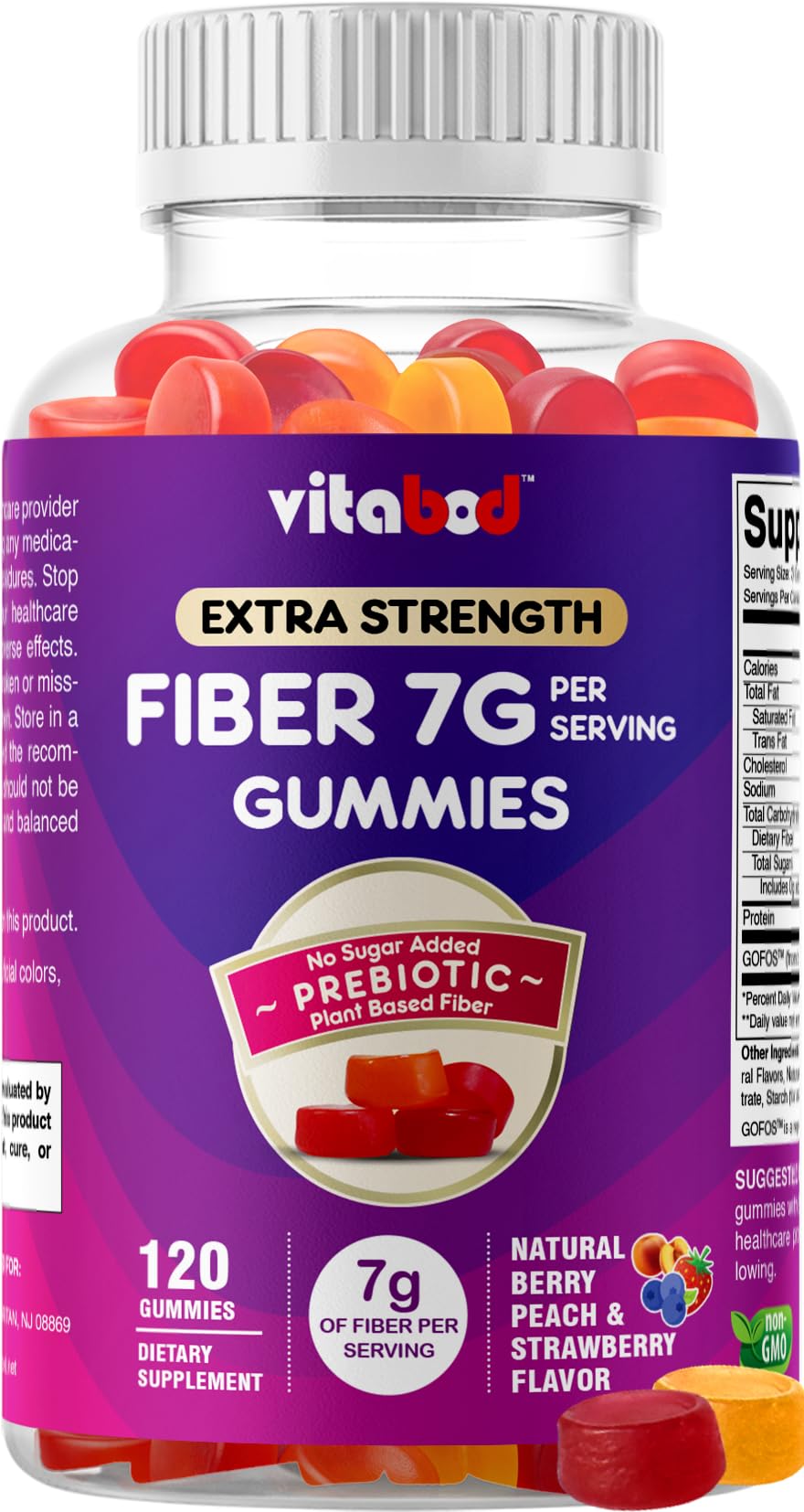 Vitabod Fiber Gummies 7G Per Serving for Digestive Health & Regularity, Prebiotic GOFOS™ Plant-Based Fiber, No Sugar Added, Vegan, Berry Peach Strawberry, 120 Gummies (Adults, Women & Men)