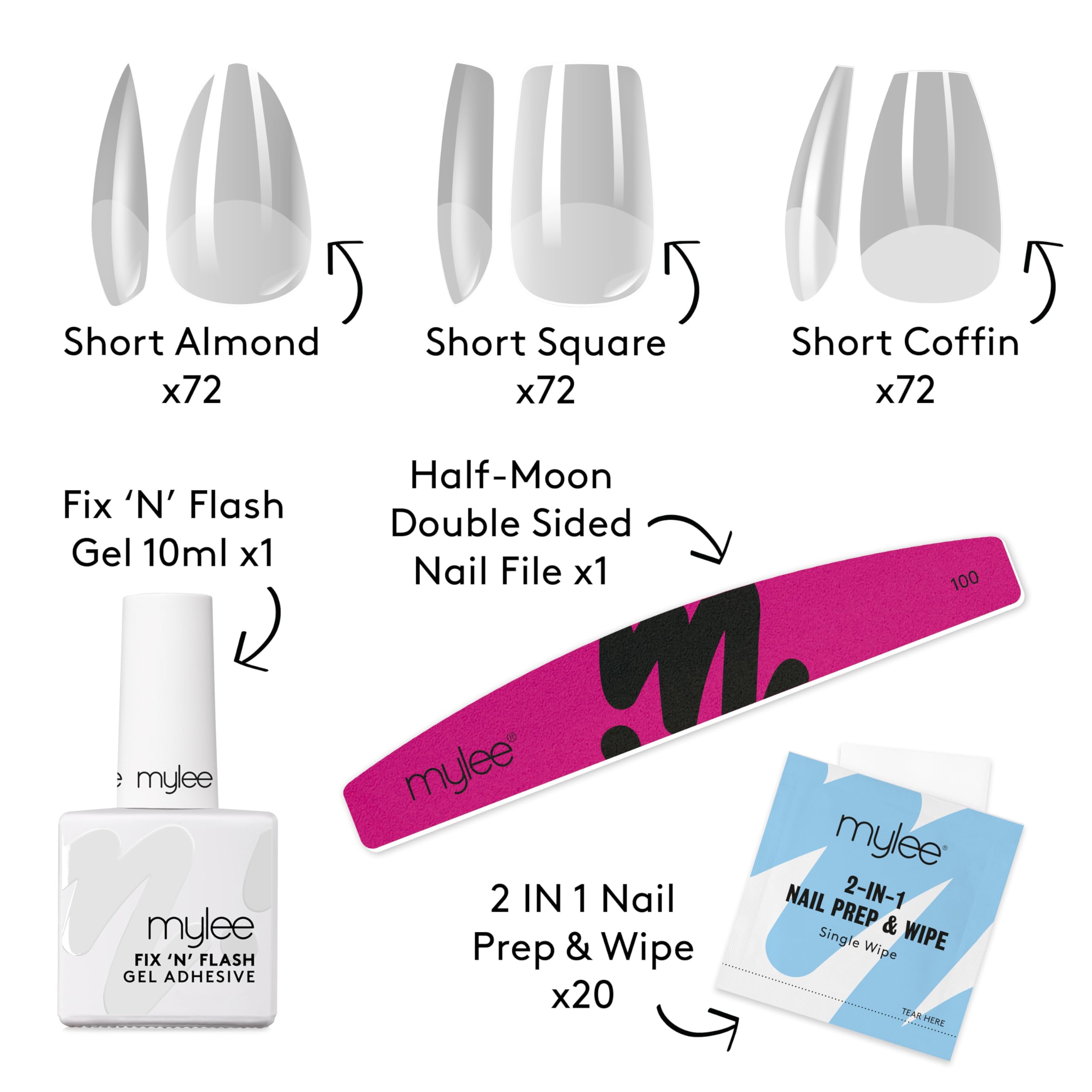 Kit Mylee Fix N Flash Soft Gel Tips Shorts, 3 formes, 216 pcs – Amande, Carré & Coffin, avec Gel, Lingettes Préparatrices & Lime demi-lune, Extension Ongles, Souples & Résistants