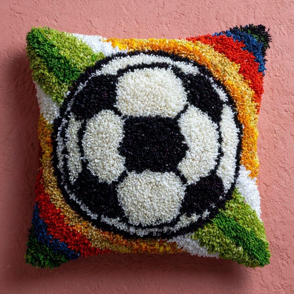 Henypt DIY Latch Hook Cushion Kit,Football 43x43cm Decorative Pillow Cover Craft Set,DIY Craft Set Perfect for Living Room & Gifting
