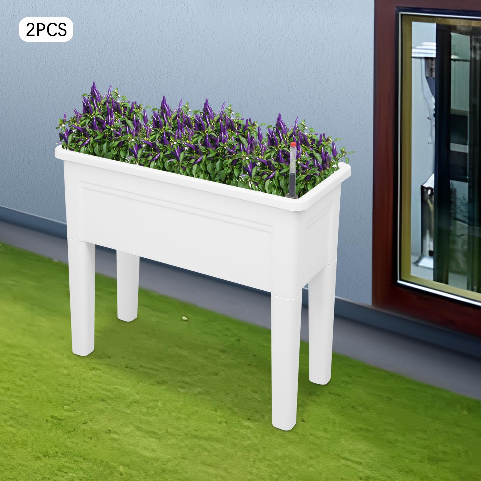 Juego de 2 piezas, con indicador de nivel de agua, material de PP, color blanco, moderno, para balcón, jardín, terraza, jardinera, jardinera, jardinera, jardinera, jardinera, jardinera, jardinera