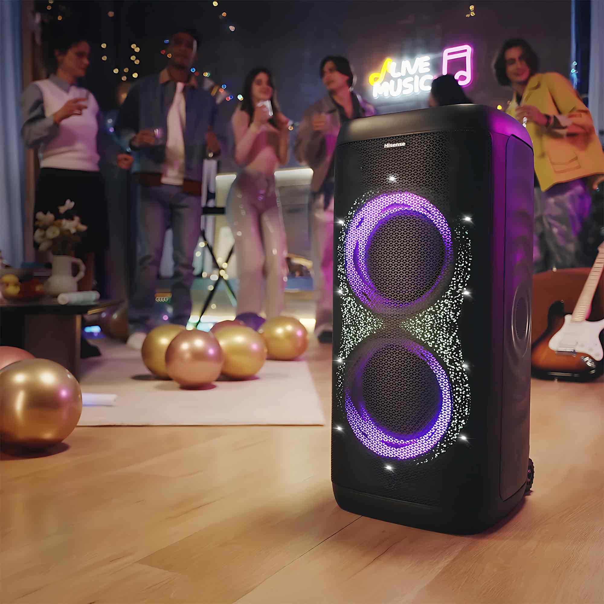 Hisense Party Thunder, 620 W Maximale Audioleistung, AI Lichtshow, 18 Stunden Akkulaufzeit, Auracast™ Receiver, Transportierbar, ConnectLife, IPX4 Wasserdicht, AI Vocal Fader, Bluetooth 5.4