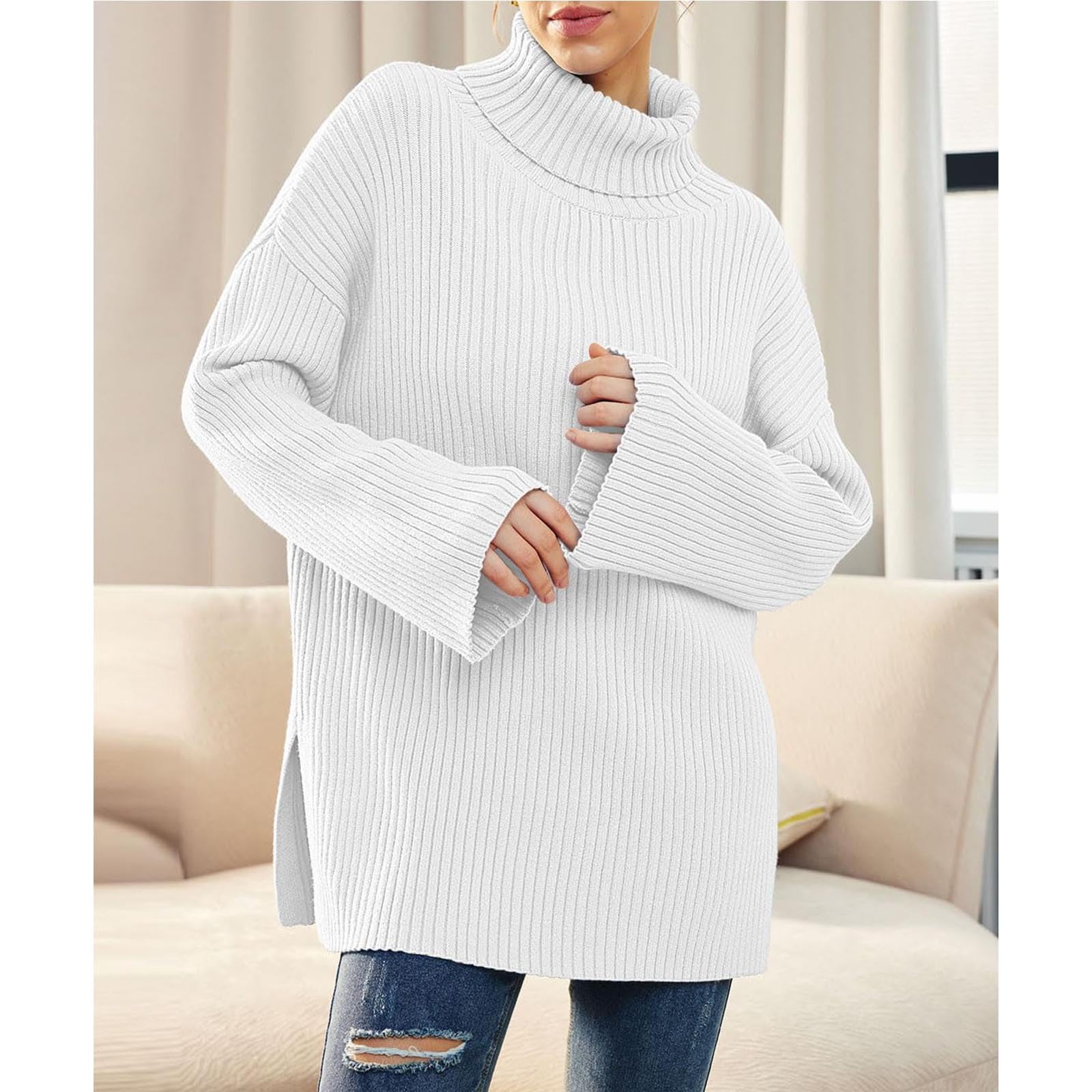 Greabuy Maglione a collo alto oversize alla moda da donna maglione a costine felpa per donna maglione casual camicie da donna maglioni da donna felpe leggere in maglia, blu navy, S