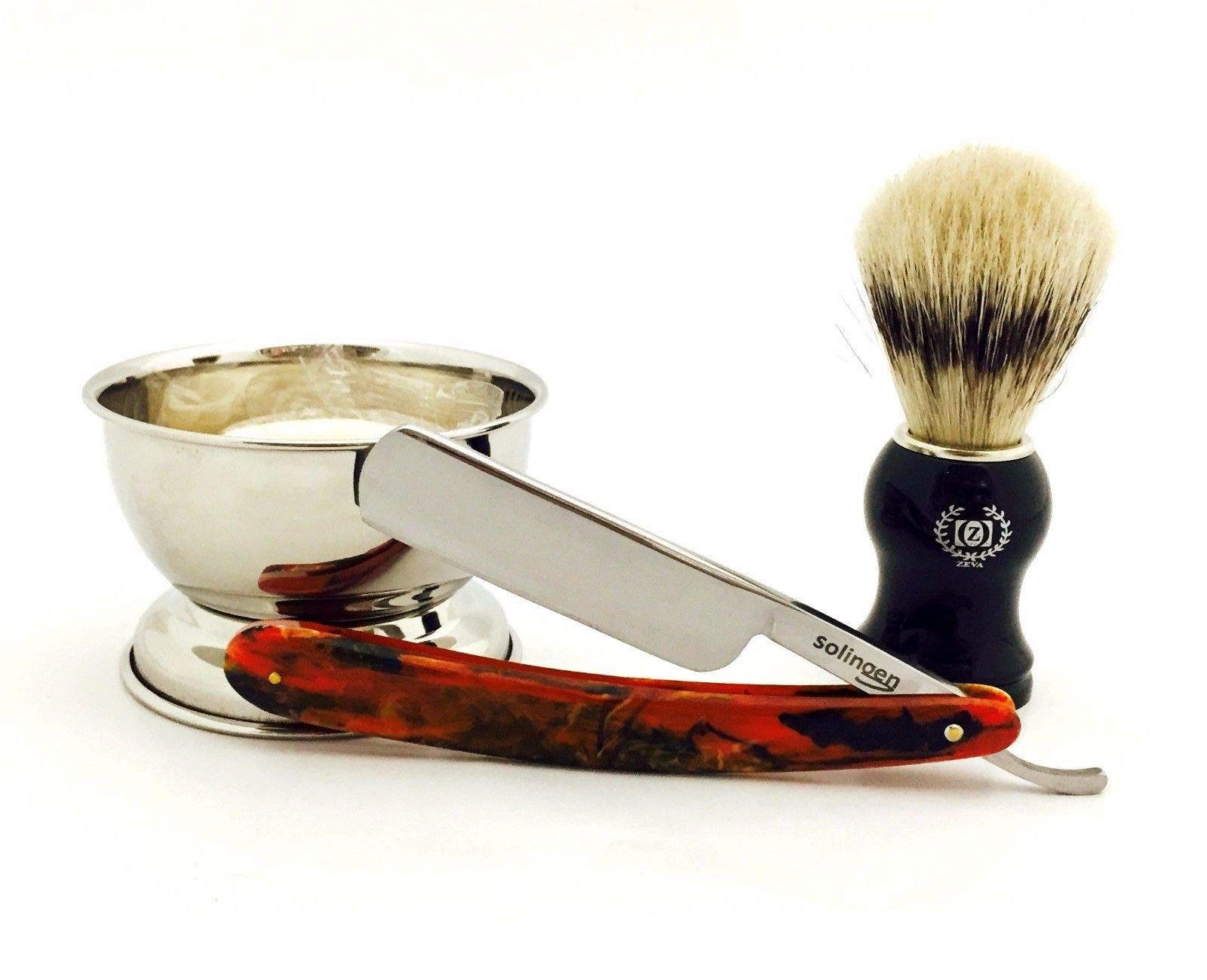 4 Pcs Cut Throat Straight Razor, Cup, Soap, Bristle Shaving Brush Set for Him