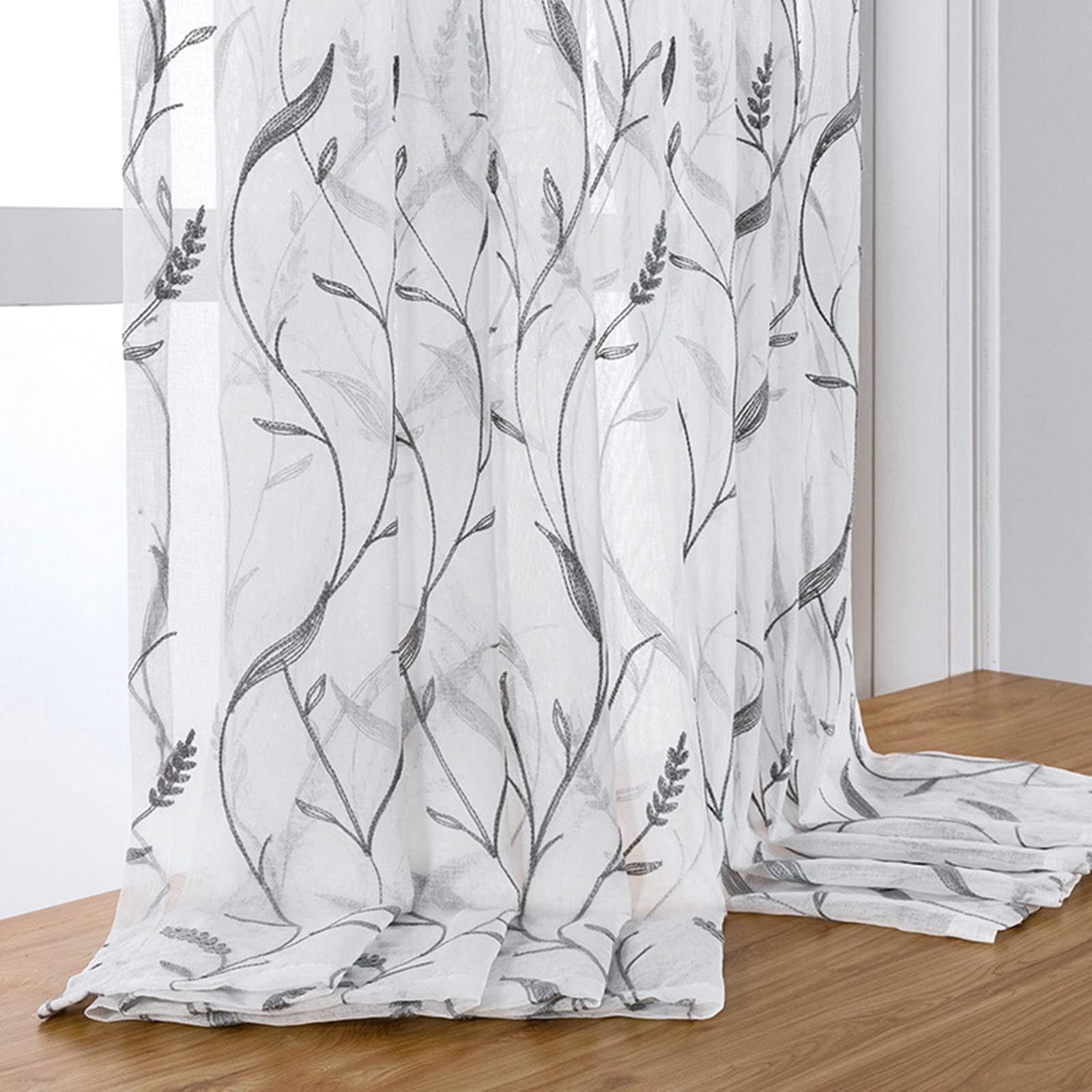 Vorhänge Voile Grau Blumen Bestickt, 214 x 132 cm (H x B), 2er Set, mit Stangendurchzug, Polyester
