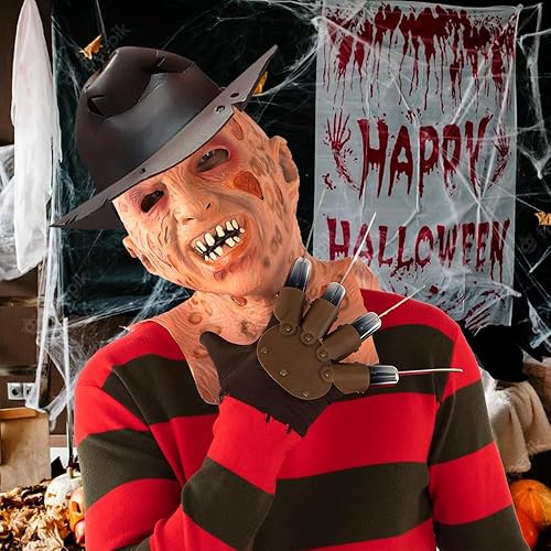 Miniatura 5 de vickkt 4 piezas de disfraz de Krueger aterrador de Halloween para hombres, suéter a rayas rojas, máscara espeluznante, guante de garra de acero,