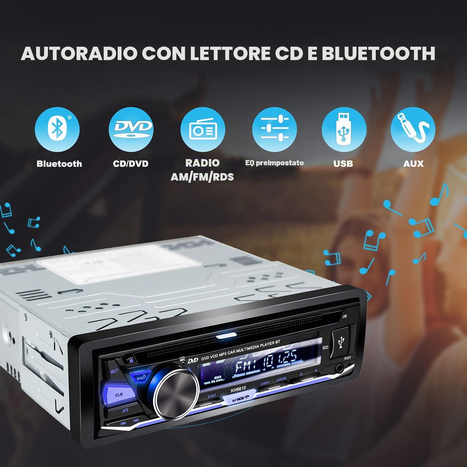 Autoradio Bluetooth 1 DIN con Lettore CD/DVD USB RDS/FM/AM Radio SD AUX Chiamate in vivavoce