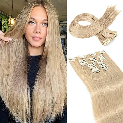LONAI 6 extensiones de cabello con clip, 24 pulgadas de largo, lacio, sintético, postizo para mujer, rubio ceniza natural