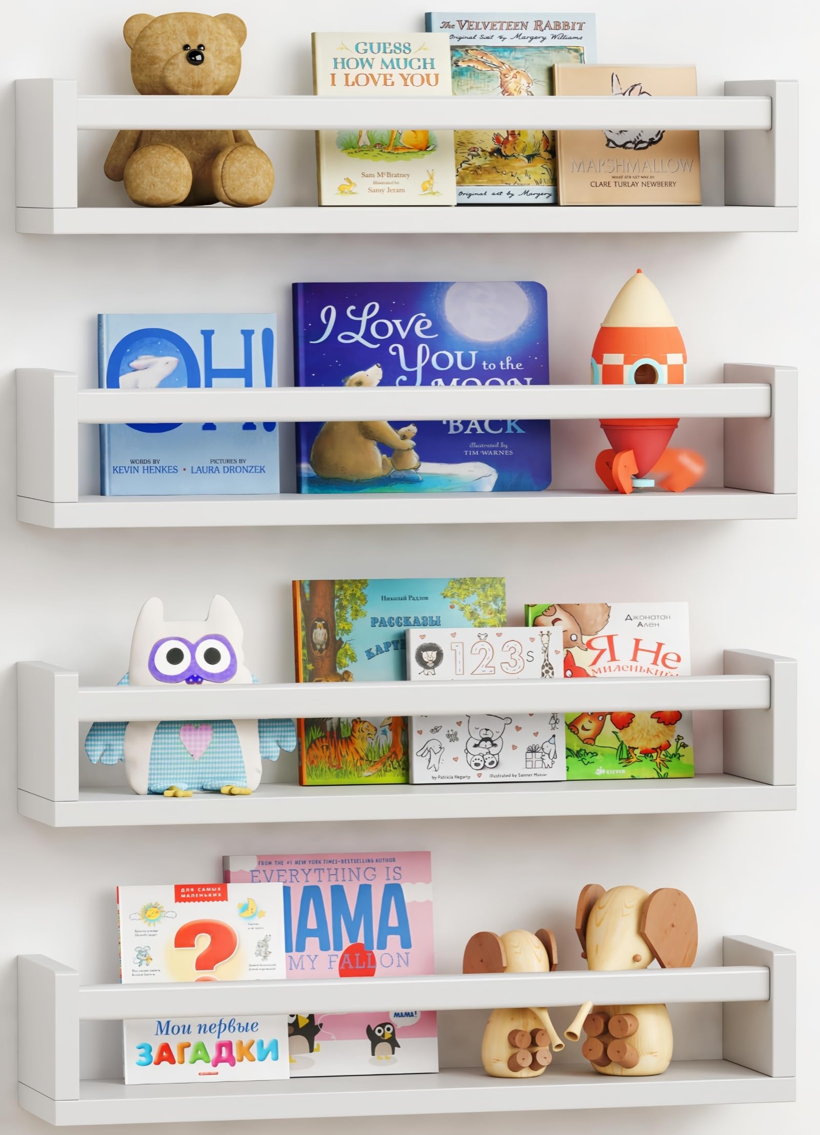 Forbena Floating Nursery Book Shelves for Wall Set of 4, Wall Bookshelf for Kids Room, White Wood Hanging Bookshelves Book Shelf for Baby Toddler Childrens Boy Girl Bedoom Toy and Decor Storage