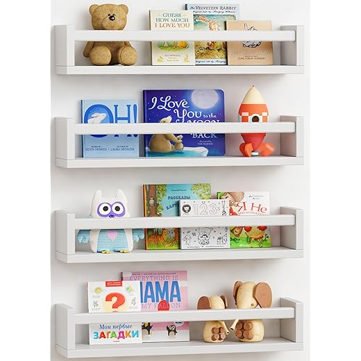 Forbena Floating Nursery Book Shelves for Wall Set of 4, White Wall Bookshelf for Kids Room, Small Wood Book Shelf Bookshelves for Baby Teen Boys Girls Bedoom Bathroom Toy and Decor Storage