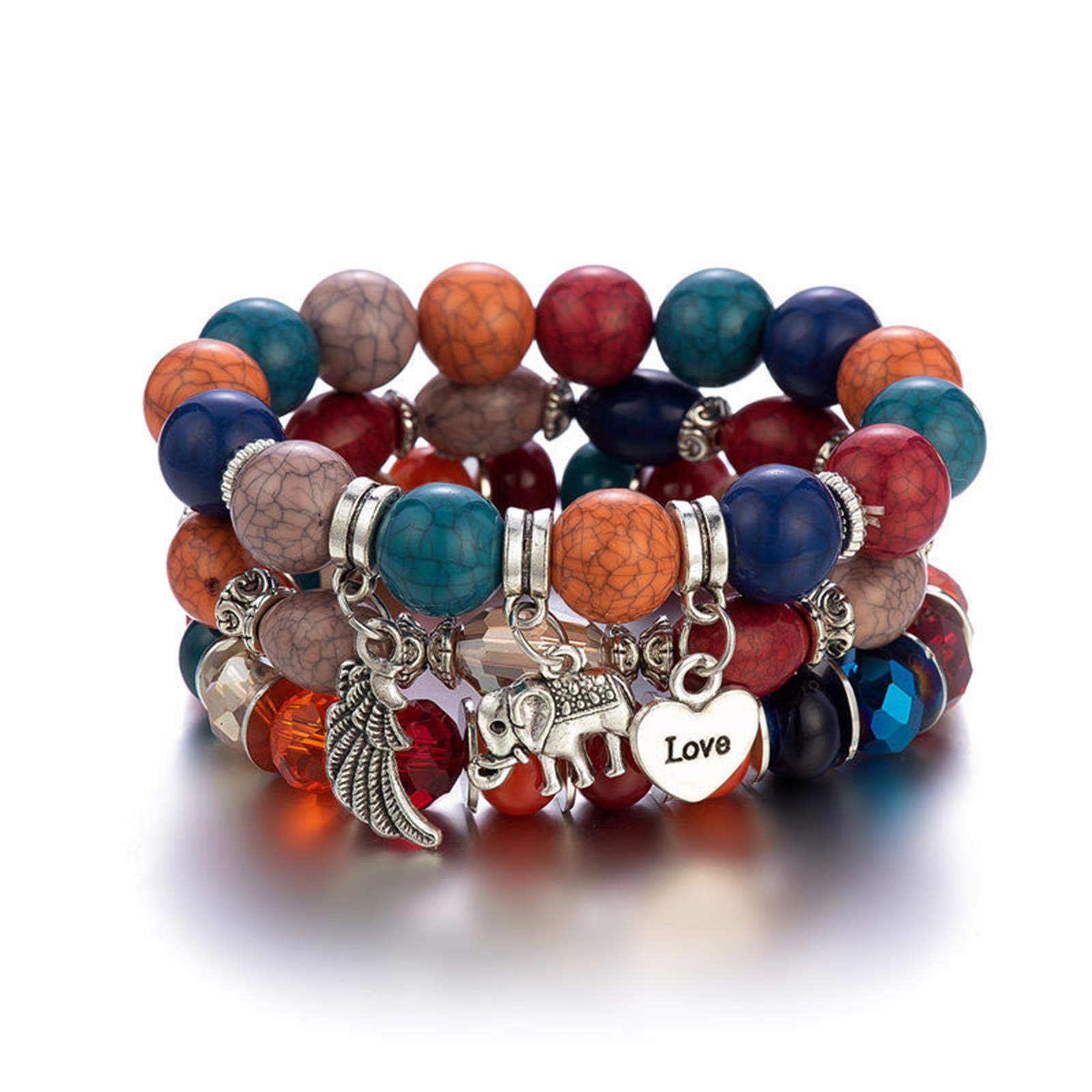 Caiyao Bohemian Beaded Bracelets Stackable Elephant Wing Love Heart Bracelet Set Multilayer Stretch Beaded Bracelets Boho Cute Elephant Charm