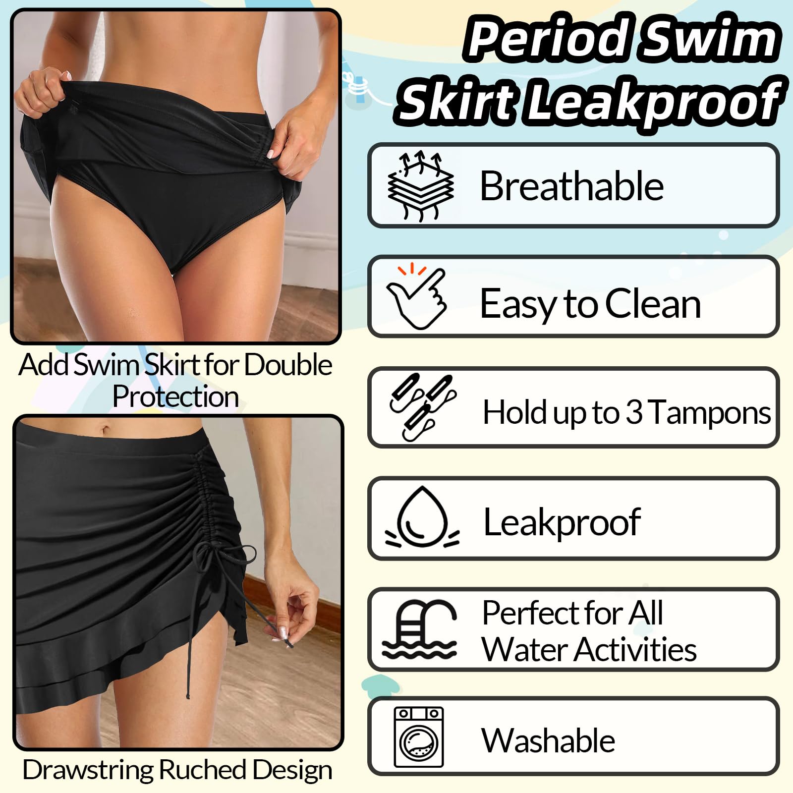 Gonna mestruale da donna, a vita alta, a 4 strati, a tenuta stagna, increspata, con coulisse, costume da bagno per ragazze e adolescenti, super assorbente, ad asciugatura rapida, per spiaggia