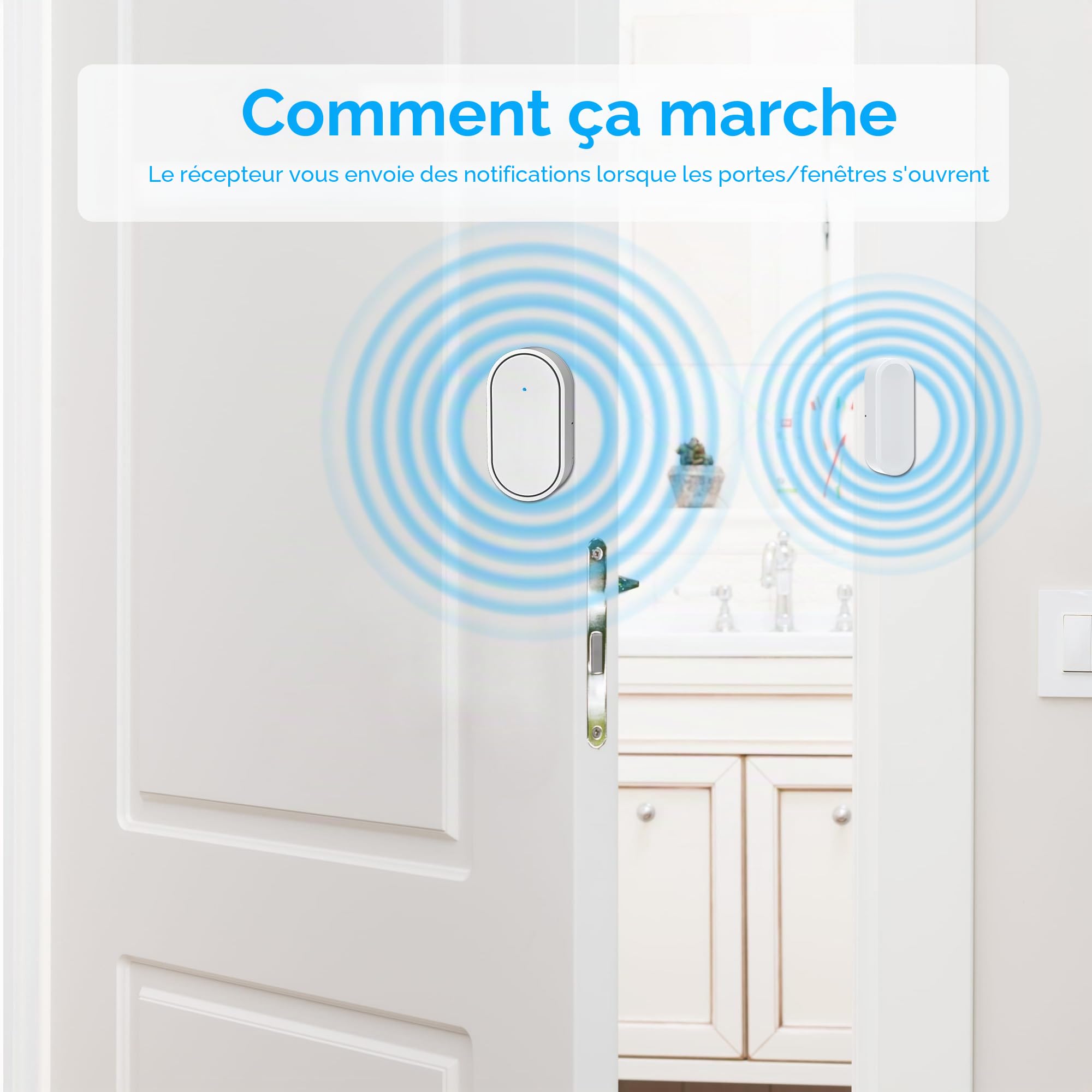 Détecteur sans Fil de Sonnette pour Portes et fenêtres, 39 rapports, 2 sonnettes d'alarme 4 Paires de capteurs pour Portes, système d'alarme pour la sécurité à la Maison, Blanc