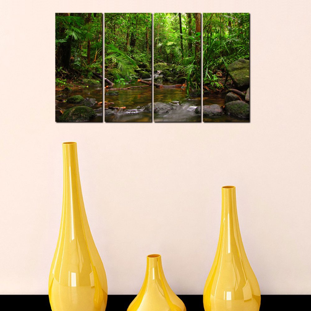 999Store digitally printed laminated wooden framed multiple frames forest river Indian art panels like Painting - 4 Frames (104X76 Cms)