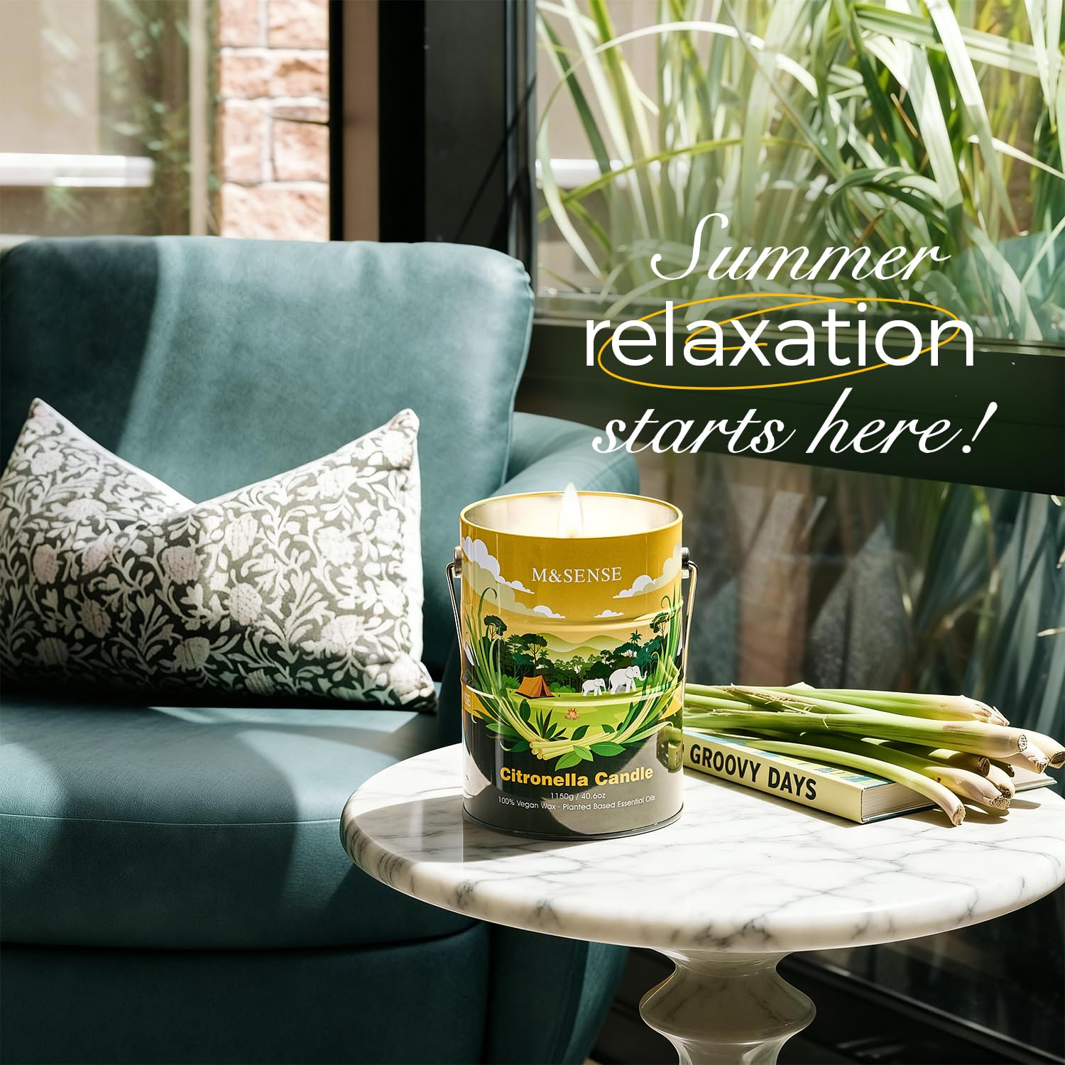 M&SENSE Bougie Citronnelle, 1150g 220h Combustion Grosse Bougie Parfumée Citronnelle, Bougie en Cire de Soja 100% Naturelle pour Jardin, Piscine, Camping, Terrasse, Pique-Nique