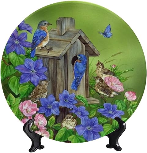 Miniatura 1 de Plato decorativo redondo de flores y pájaros, 8 pulgadas, casa de pájaros sobre cerezo, plato decorativo de cerámica con soporte vertical, plato de