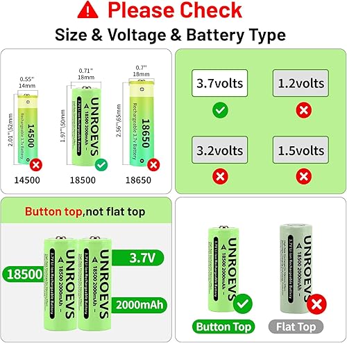 Miniatura 7 de Paquete de 2 baterías recargables 18500 con parte superior plana, 3.7 V 2000 mAh INR 18500 batería de iones de litio de alta capacidad