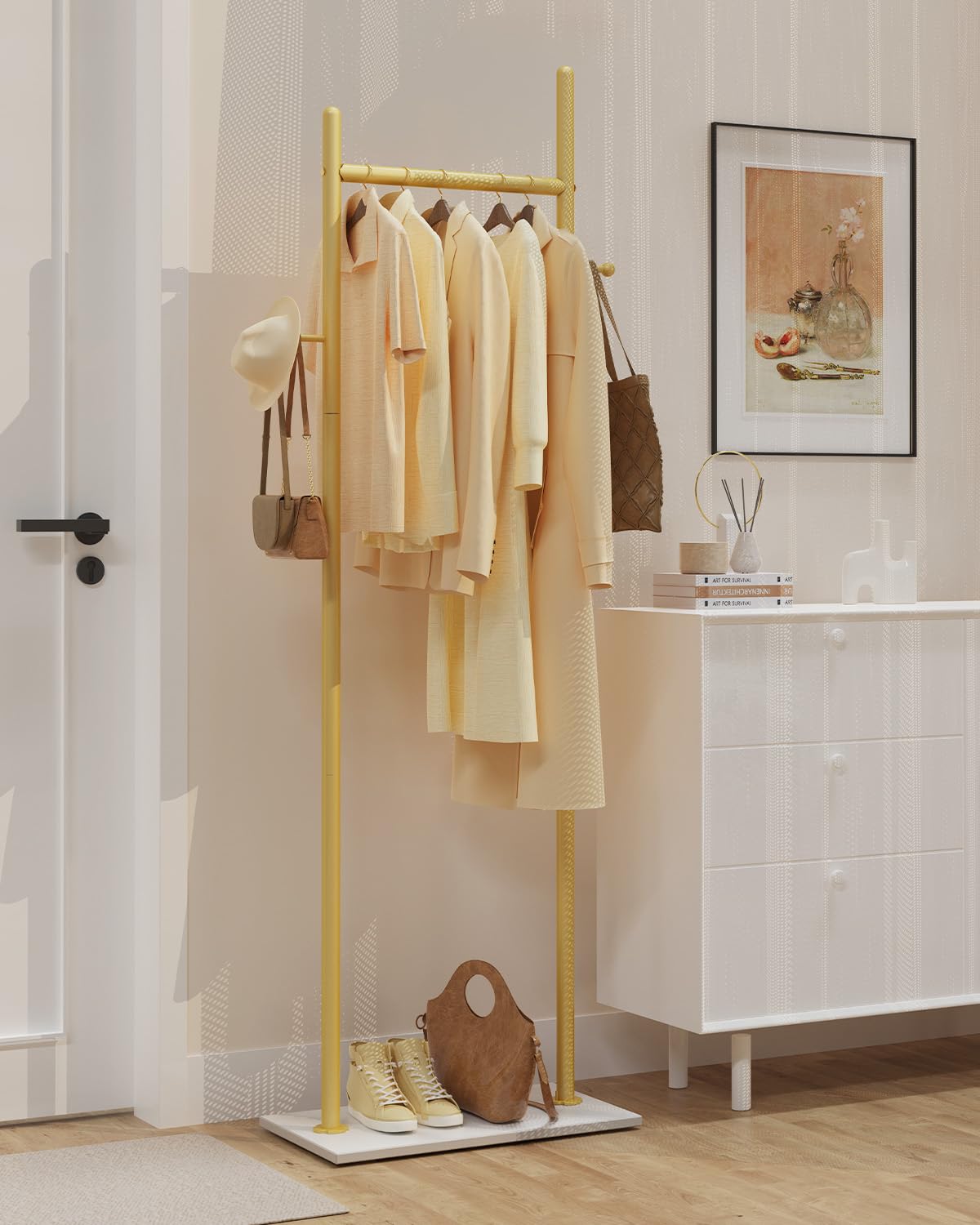 Perchero de Pie, Metal Perchas Independientes, 50x30x175 cm, Golden | Gran Colgador de Ropa Moderno Resistente con Placa Inferior de Roca Gruesa y 2 Ganchos, para Oficina, Dormitorio
