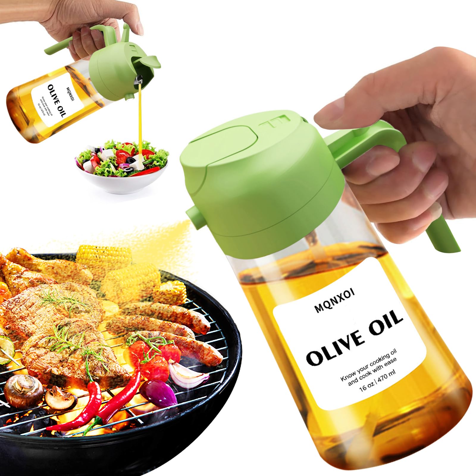 mqnxoi 2 in 1 Glass Oil Sprayer & Dispenser, 470ml Glass Olive Oil Sprayer,Cooking Oil Sprayer,Oil Spray Bottle For Kitchen,Canola Oil Sprayer,Fryer For Salad, Baking,Frying,BBQ,Oil sprayer