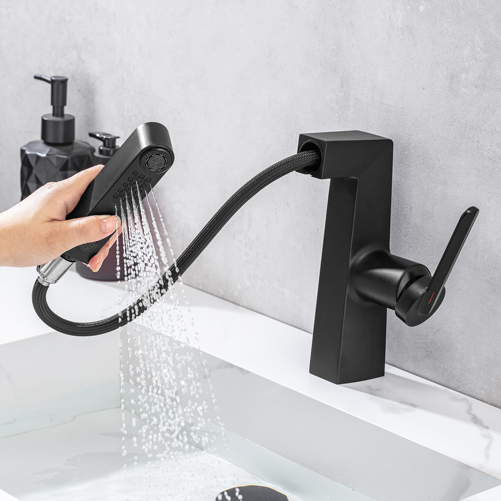 Waschtischarmatur Ausziehbar für Waschbecken (Schwarz) | Einhebel-Armatur Badezimmer mit 2 Modi, 360° drehbare Wasserhahn Bad mit herausziehbarer Brause