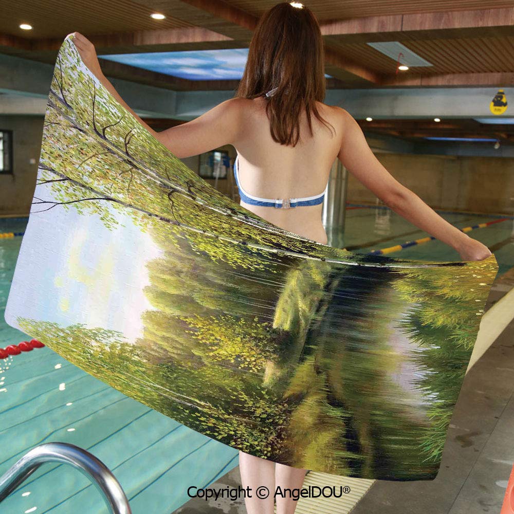 YOLIYANA Quick-Drying Super Soft Microfiber Towel Birch Tree Forest in Autumn Leafless Branches Calm River Oil Painting for Bath Swimming Fitness Sport.W19.6xL39.3(inch)