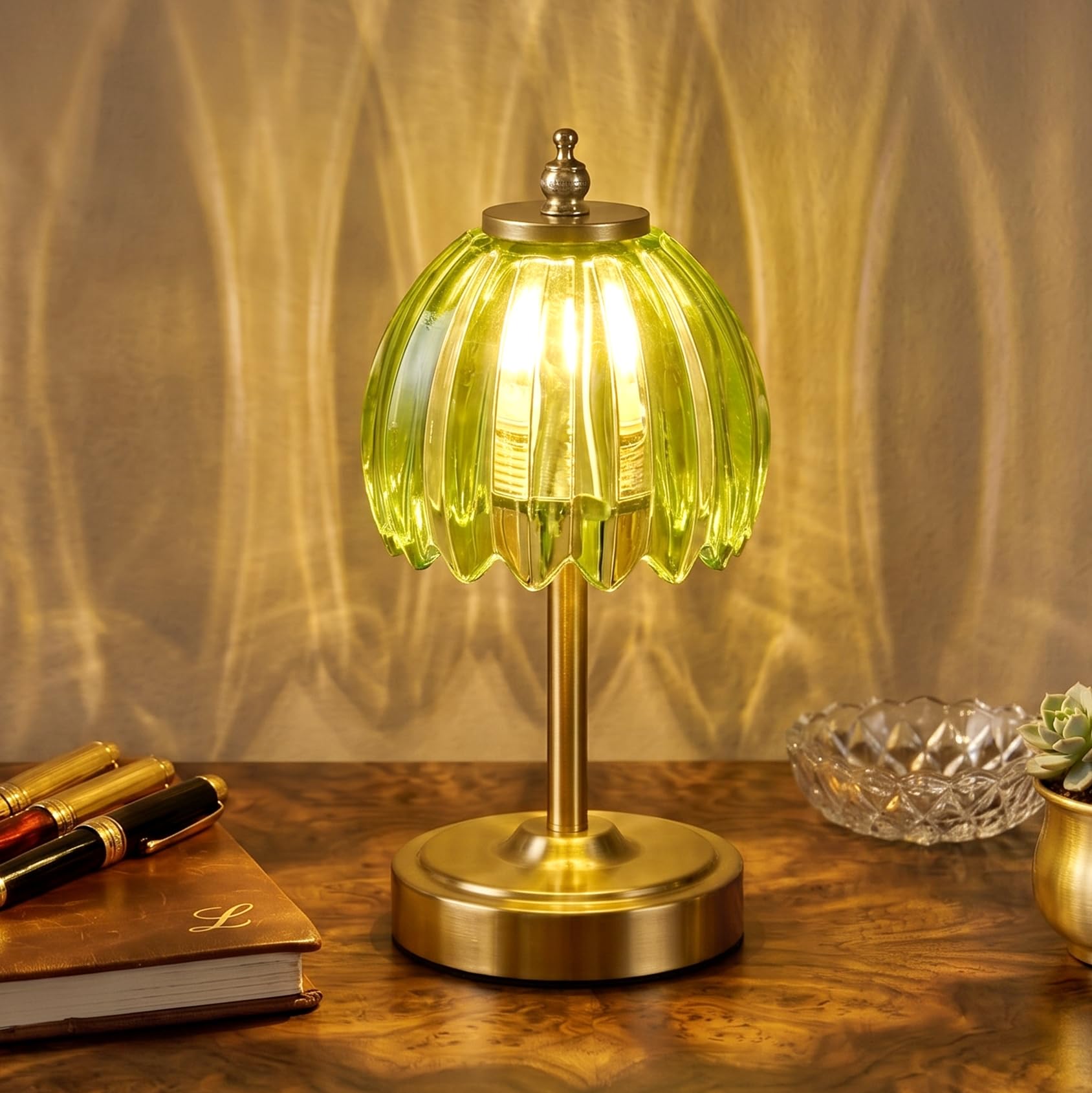 Bezprzewodowa lampa stołowa na baterie, mała szklana lampa biurkowa z