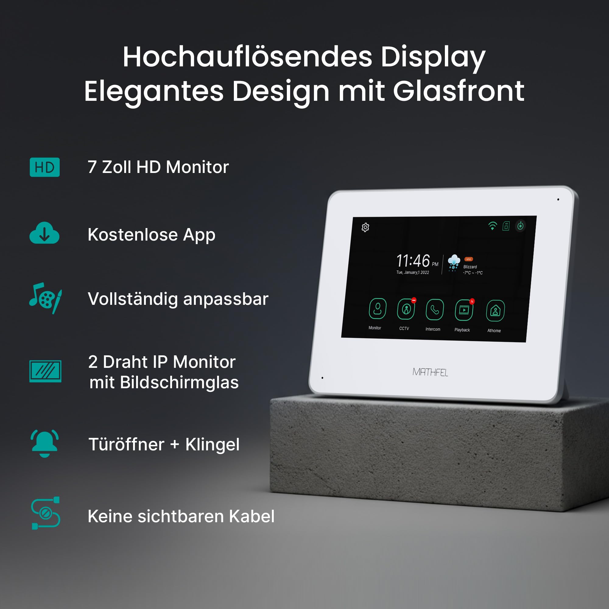 MATHFEL 1 casa di famiglia Fingerprint 2 fili Bus WLAN Videocitofono 10 pollici monitor con Full HD 2 Megapixel 170 gradi fotocamera grandangolare – Stazione esterna in antracite con RFID