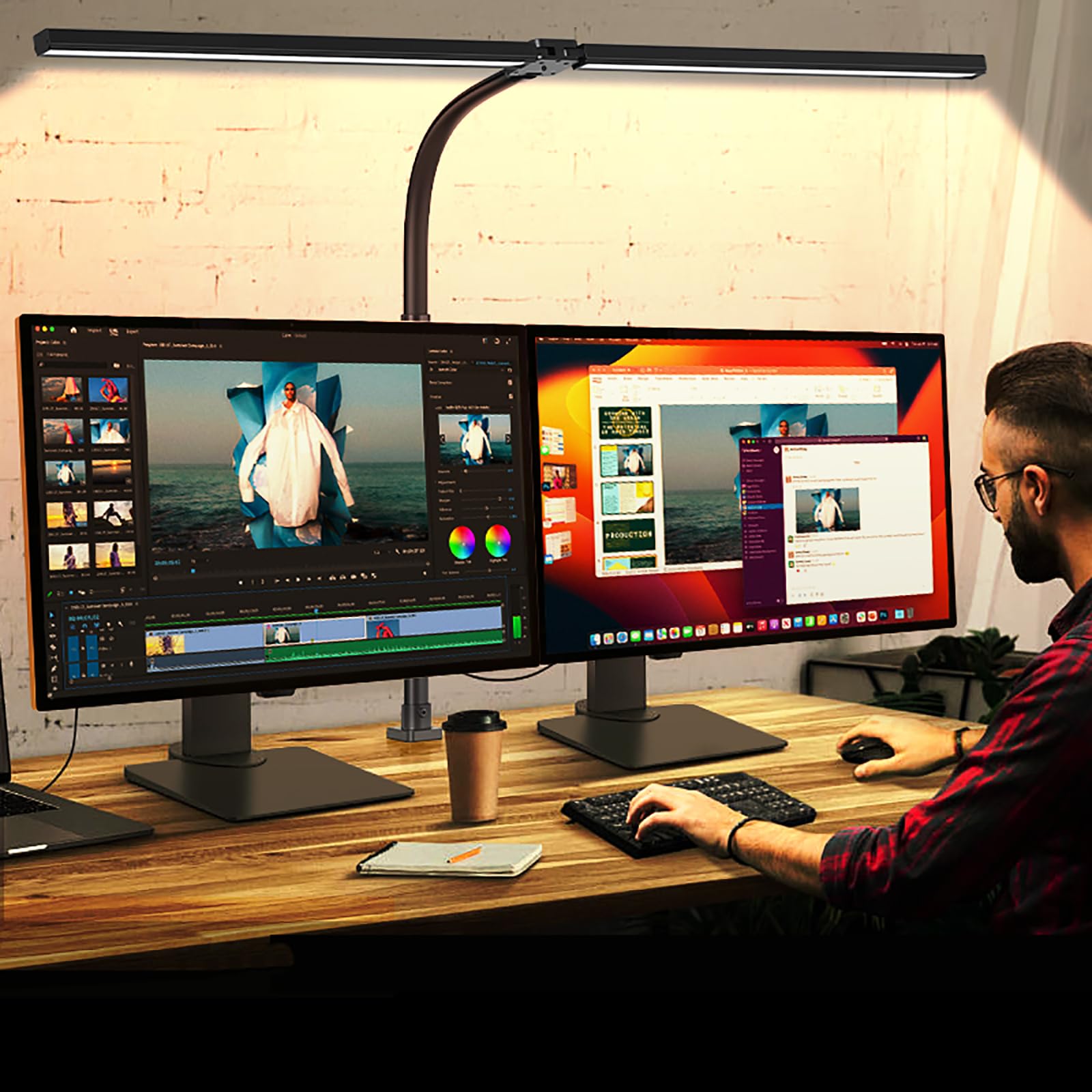 LED Black Desk Lamp for Home Office 24W Flexible Gooseneck Monitor Light Bar with Ultra Wide Lighing Bar Dimmable Monitor Light with Clamp,Tall Table Light for Working Reading Drafting