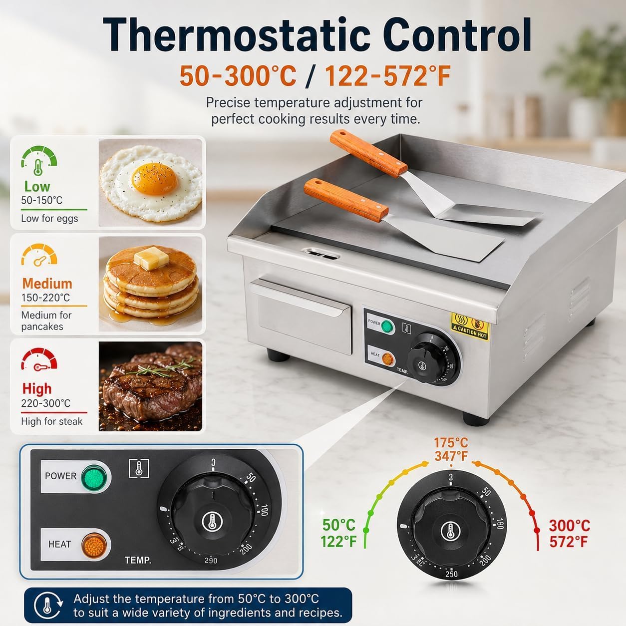 Piastra elettrica da 14 pollici, griglia Teppanyaki professionale da 2000 W per ristoranti, piastra antiaderente in acciaio inossidabile per uso domestico o professionale.