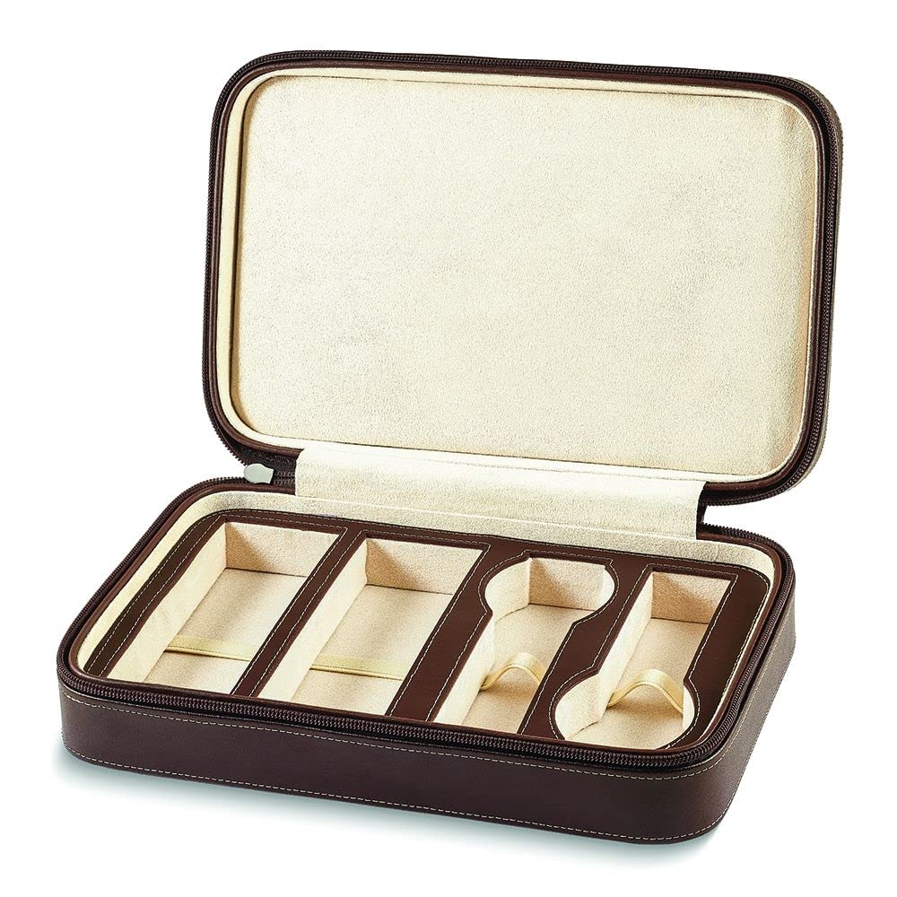 Brown Leather Two Watch and Two Eyeglasses Holder Storage Travel Case