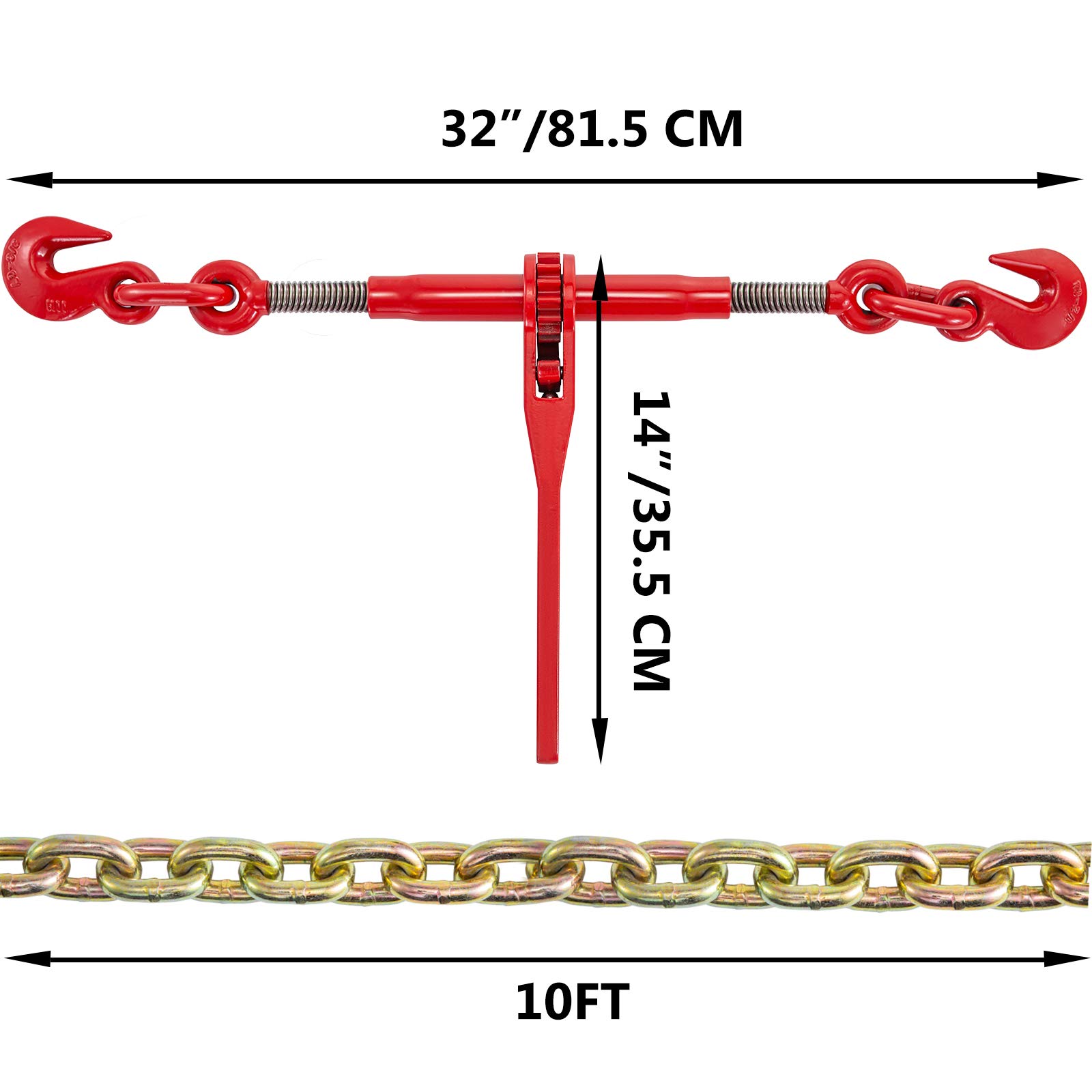 VEVOR Kit de chaîne et de Reliure 10-13 mm, reliures de Charge à cliquet 4,18 t Force de Travail, reliures et chaînes à cliquet 10 mm x 3 m Crochets G70, pour Camion, arrimage, Transport, remorquage
