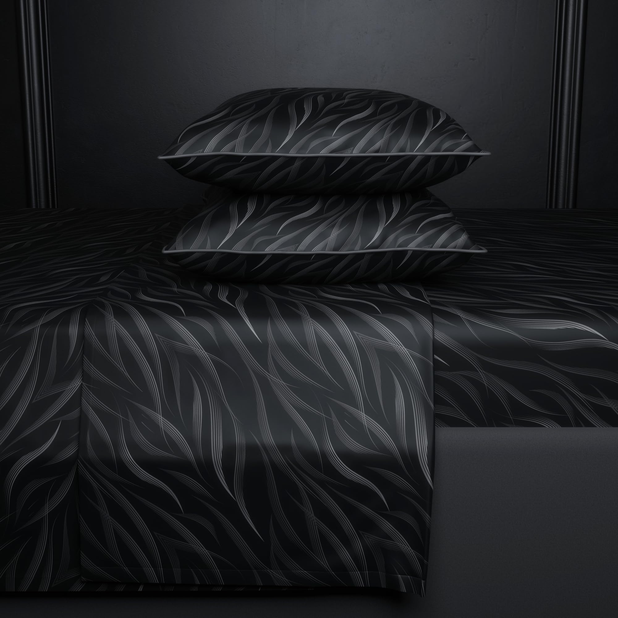 Stoa Paris Satin King Size Bedsheet with 2 Pillow Covers, 300TC Bedding Set, Hypoallergenic, Quick Dry, Aesthetic Home Decor, Wedding Gift for Couples, Noir - Moonlight Whispers - Grey