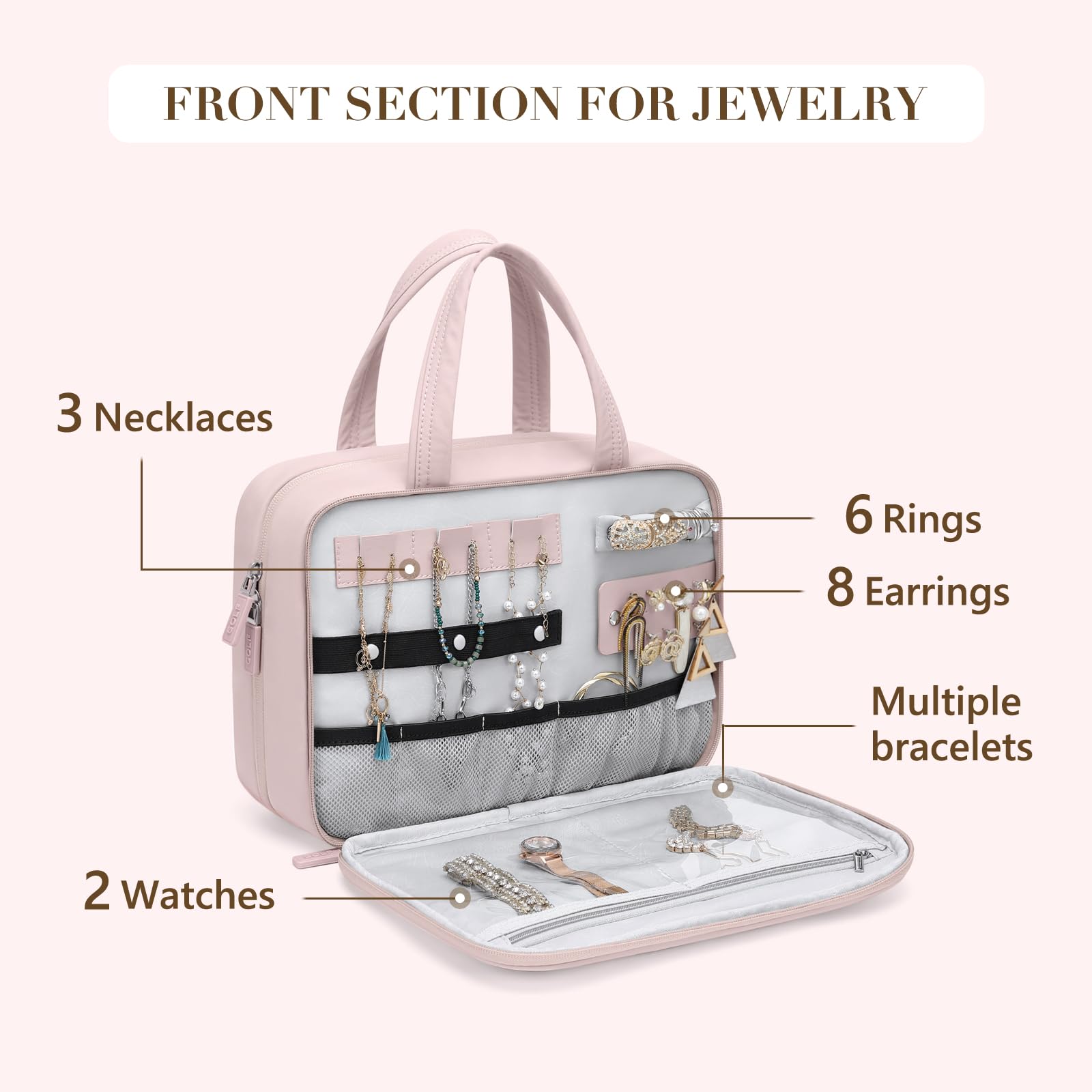 GOLF QUALITY Travel Toiletry Bag,Water-resistant Makeup Cosmetic Bag with Jewelry Organizer Hanging Toiletry Bag for women Trips Camping Bathroom,Smoky Pink