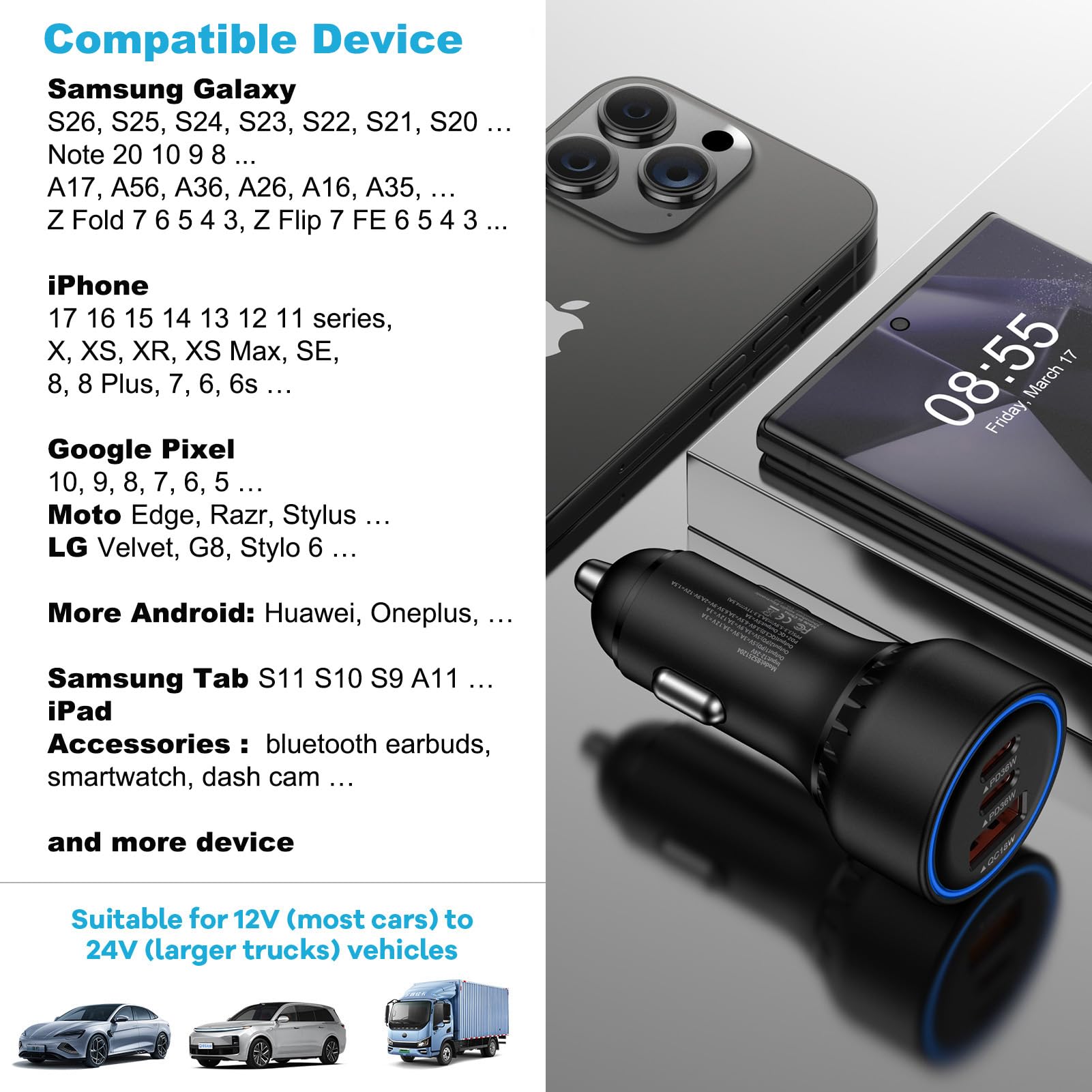 Adaptador de cargador de coche rápido de 3 puertos de 12 V, enchufe de vehículo - USB C y USB A de carga rápida - Cargador de coche para iPhone 17 Pro Max Air 17e 16e 16 15, Samsung S26