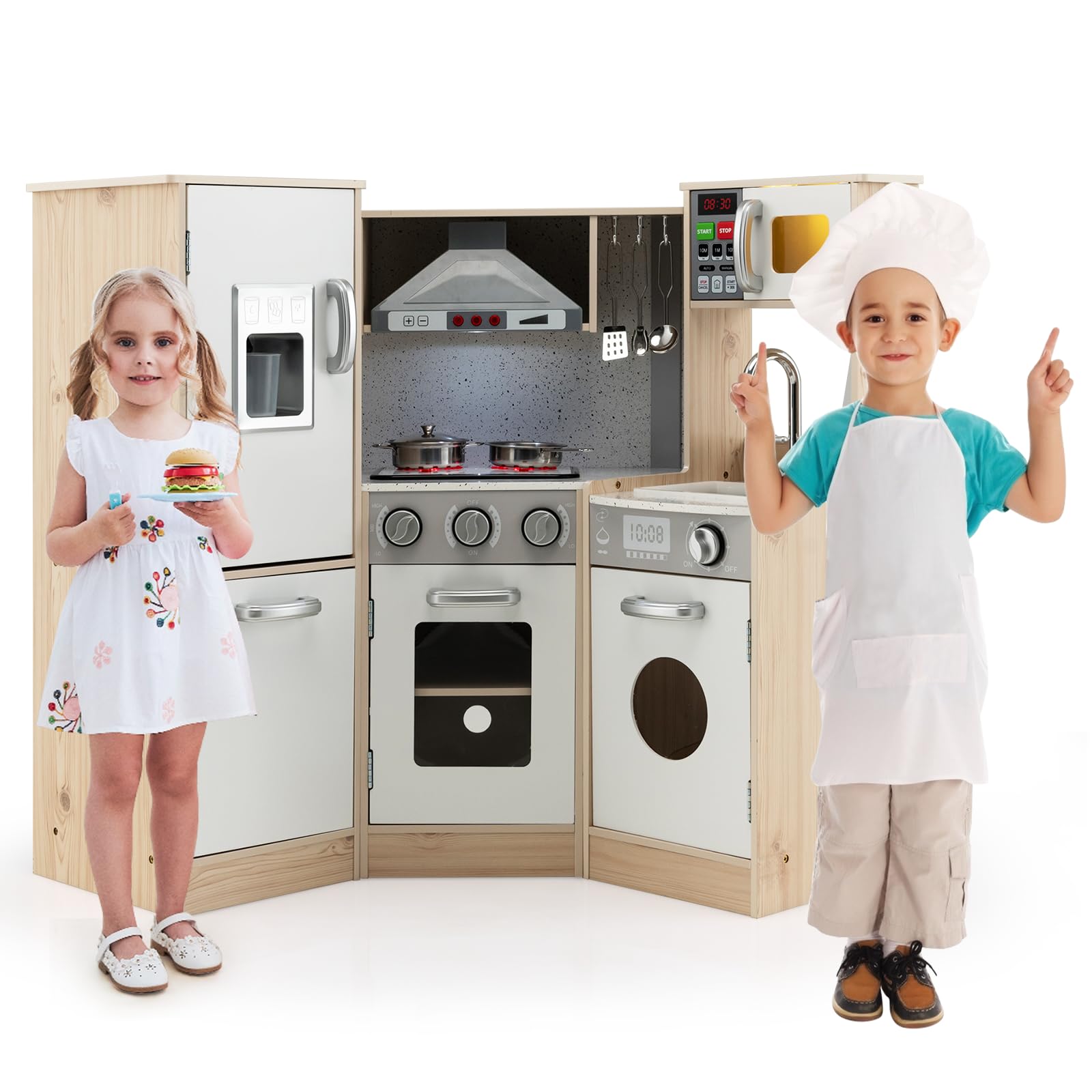 GLACER Kids Kitchen Playset, 9 in 1 Wooden Toy Food Kitchen Set w/Ice Maker, Washing Machine, Light & Sound, Microwave, Storage Box, Phone, Pretend Play Kitchen for Toddlers