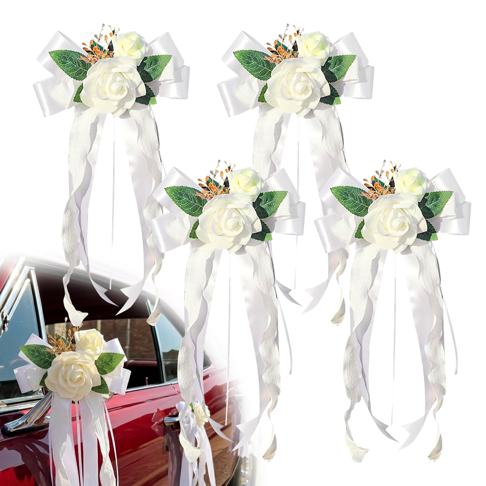 zmoso 4PCS Wedding Car Door Handle Decorative Flowers, White Artificial Cars Bouquet Flower Bowknot Ribbon Decor, Just Married Automotive Decorations
