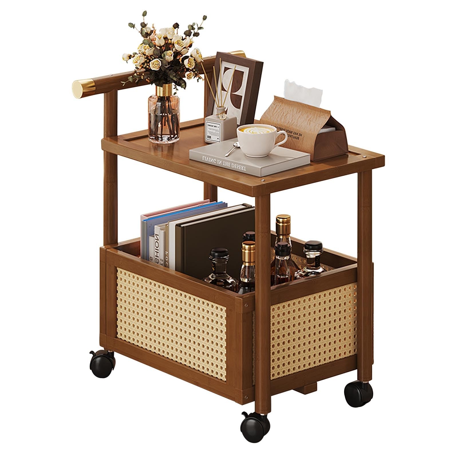 Mesa Auxiliar Salon Con Ruedas De Bambú Mesas Auxiliares for Espacios Pequeños for Salon End Table Con Almacenamiento for Salón Y Dormitorio,Diseño Estable Con Ruedas Silenciosas,Para Sofá Y Cama(Brow