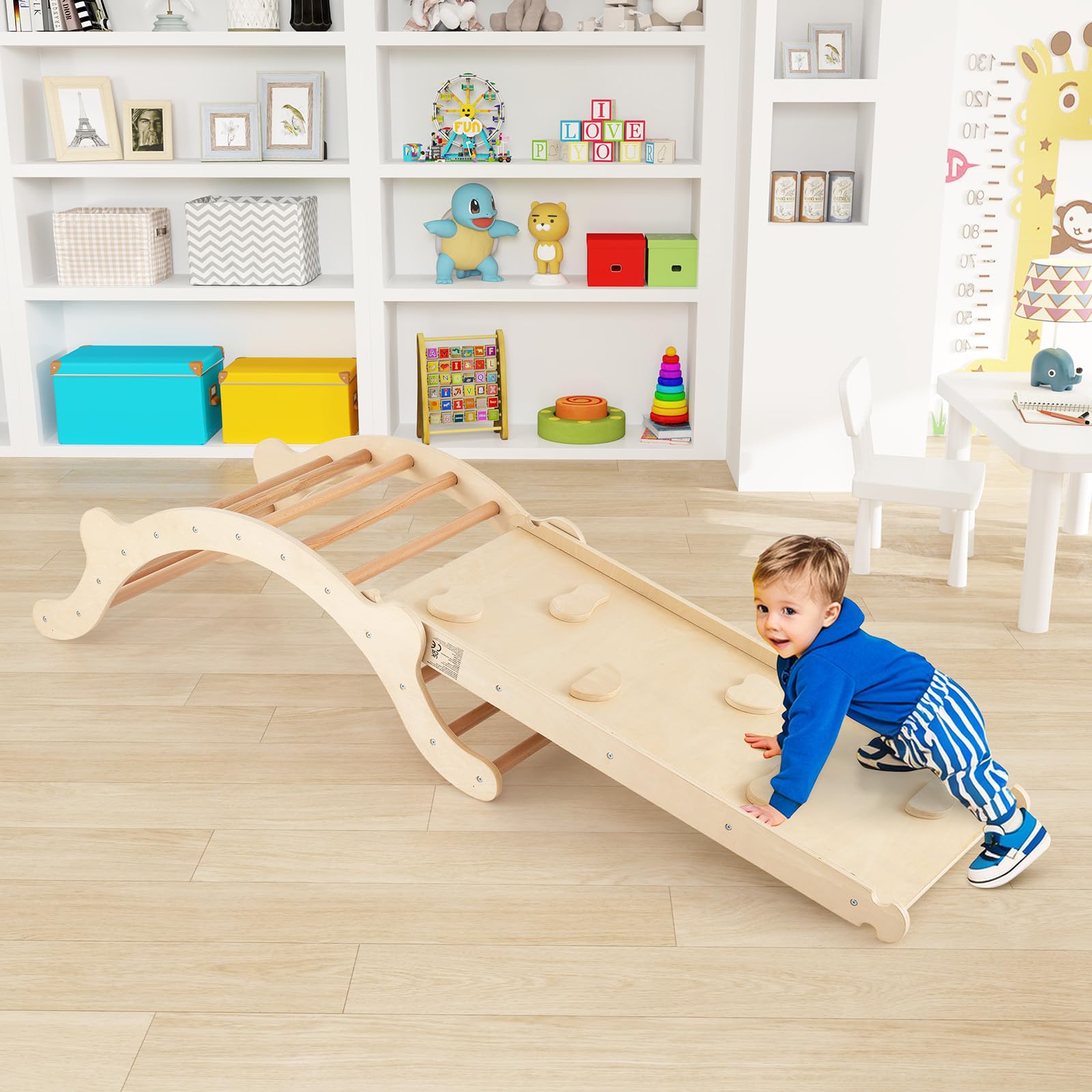 HOMASIS 3-in-1 Kletterbogen mit Rutsche & Wippe, Klettergerüst Indoor mit umkehrbare Rampe & Matte, Kletterdreieck zum Rutschen, Klettern, Schaukeln, für Kinder ab 1 Jahr (Natur, Modell 2)