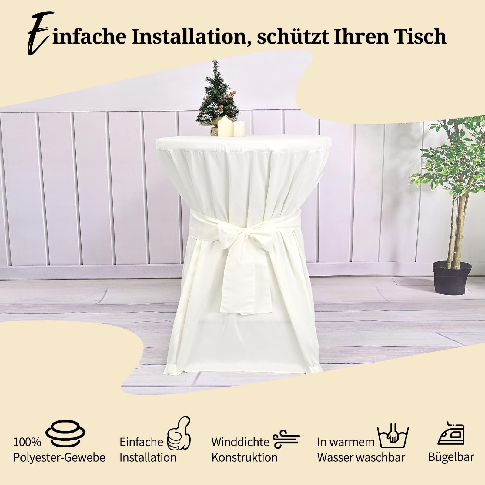 Teruntrue 6 Stück stehtisch hussen Elfenbein,Stehtischhusse Elfenbein für Ø 60-65 cm Stehtische und Bistrotische, Tischdecke aus Polyester mit Fußtaschen