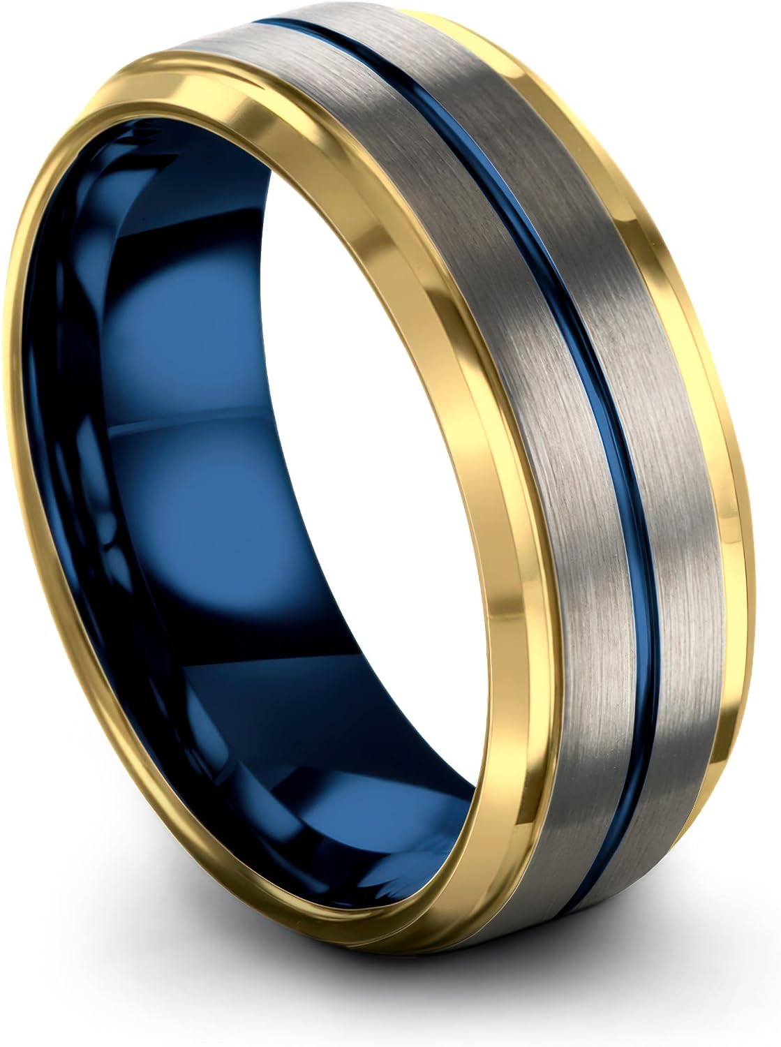 Tungsten Carbide Wedding Band Ring 8mm for Men Women Blue Black 18K Yellow Gold Grey Center Line Step Bevel Edge Brushed Polished Personalized Custom Engraving Anniversary Engagement