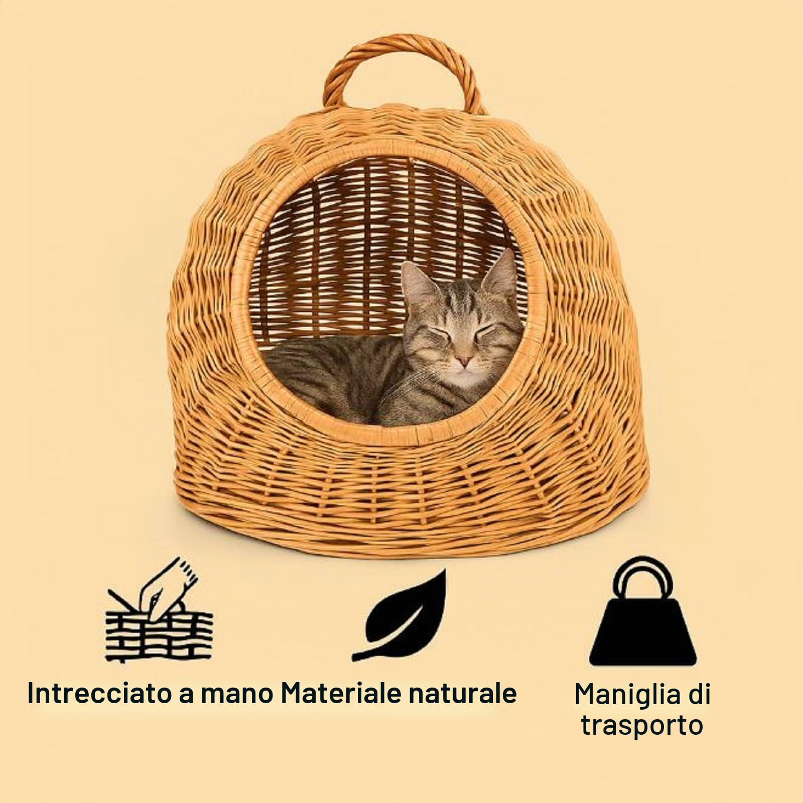 QLS Cesta vimini per cane/gatto 40 x 34 x 35 cm con manico | Rifugio naturale per gatti e cani piccoli, intrecciato a mano in vimini con pratica maniglia