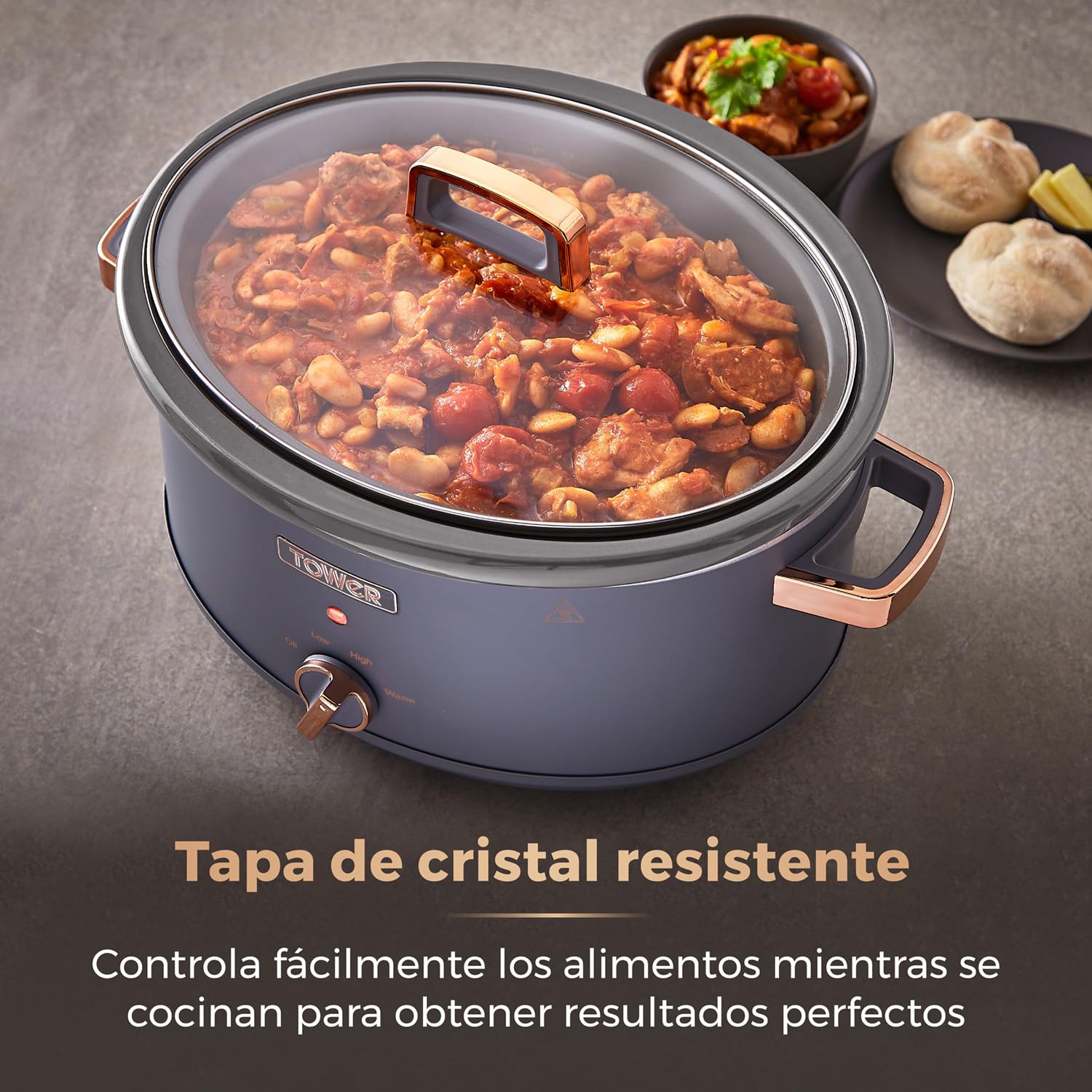 Tower T16043GRY Olla de Cocción Lenta de 6.5 Litros, Modelo Cavaletto – Olla Lenta con 3 Ajustes de Temperatura, Asas de Tacto Frío - Gris y Rosa Oro